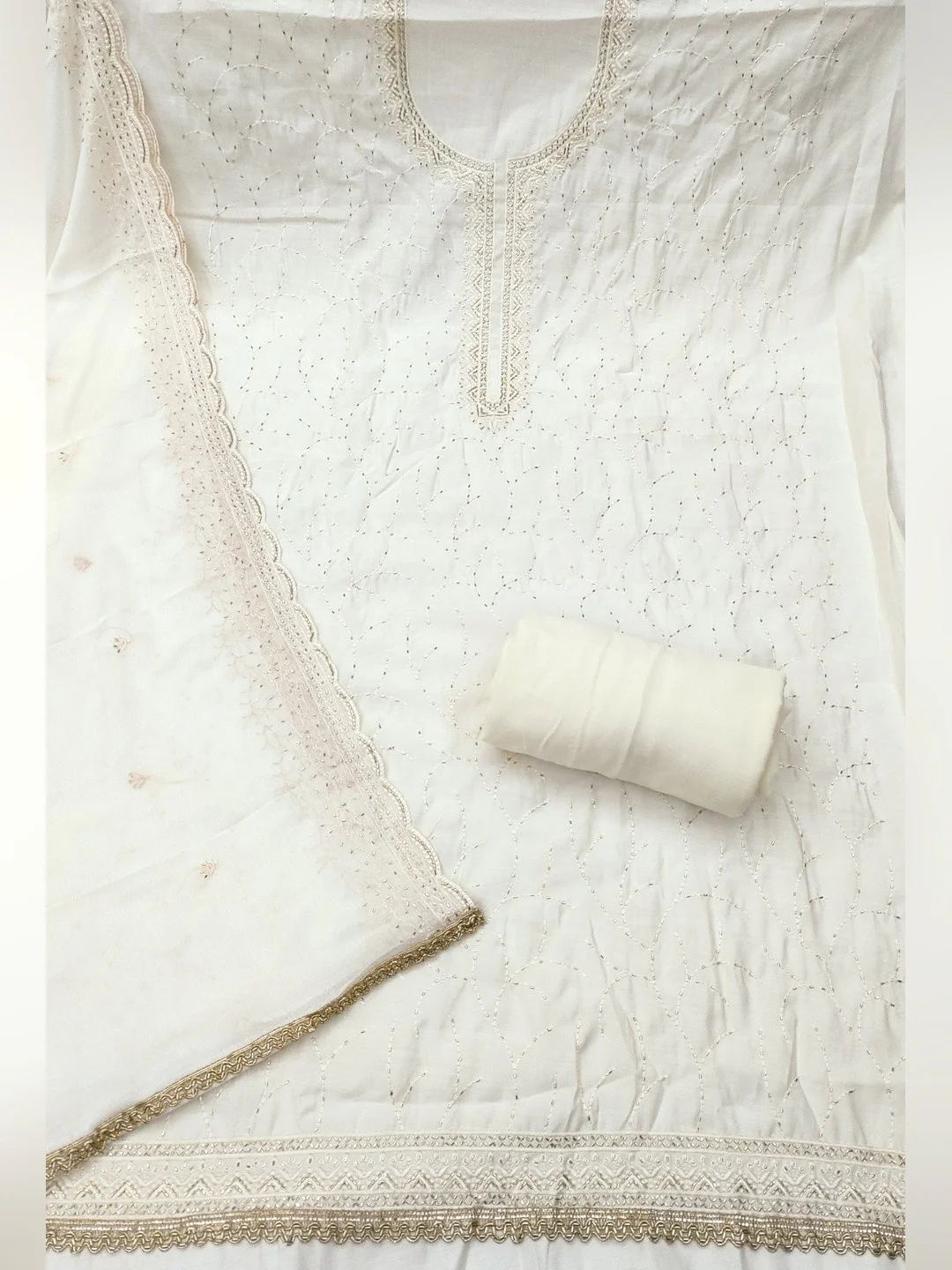 Premium Cream Cotton Silk Dress Material Enhanced With Delicate Thread Embroidery & Handwork - Image 3