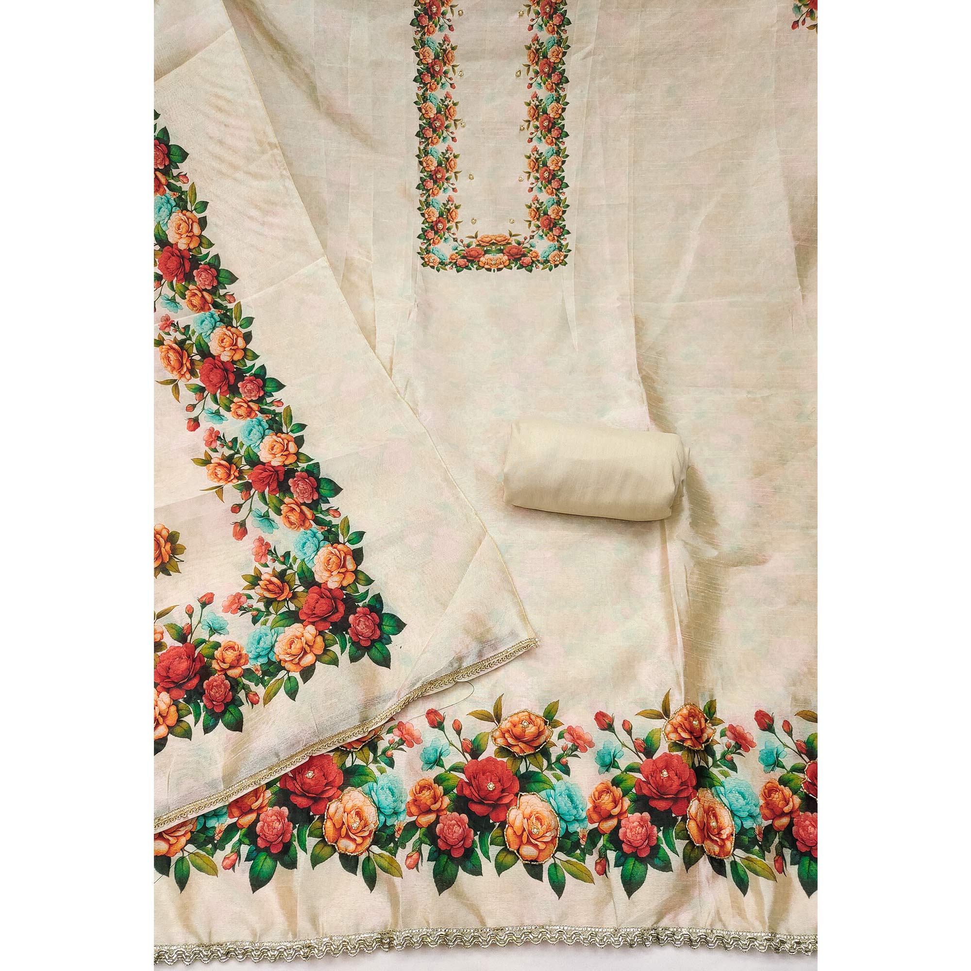 Premium Cream Floral Digital Printed Cotton Silk Dress Material With Moti Handwork - Image 4