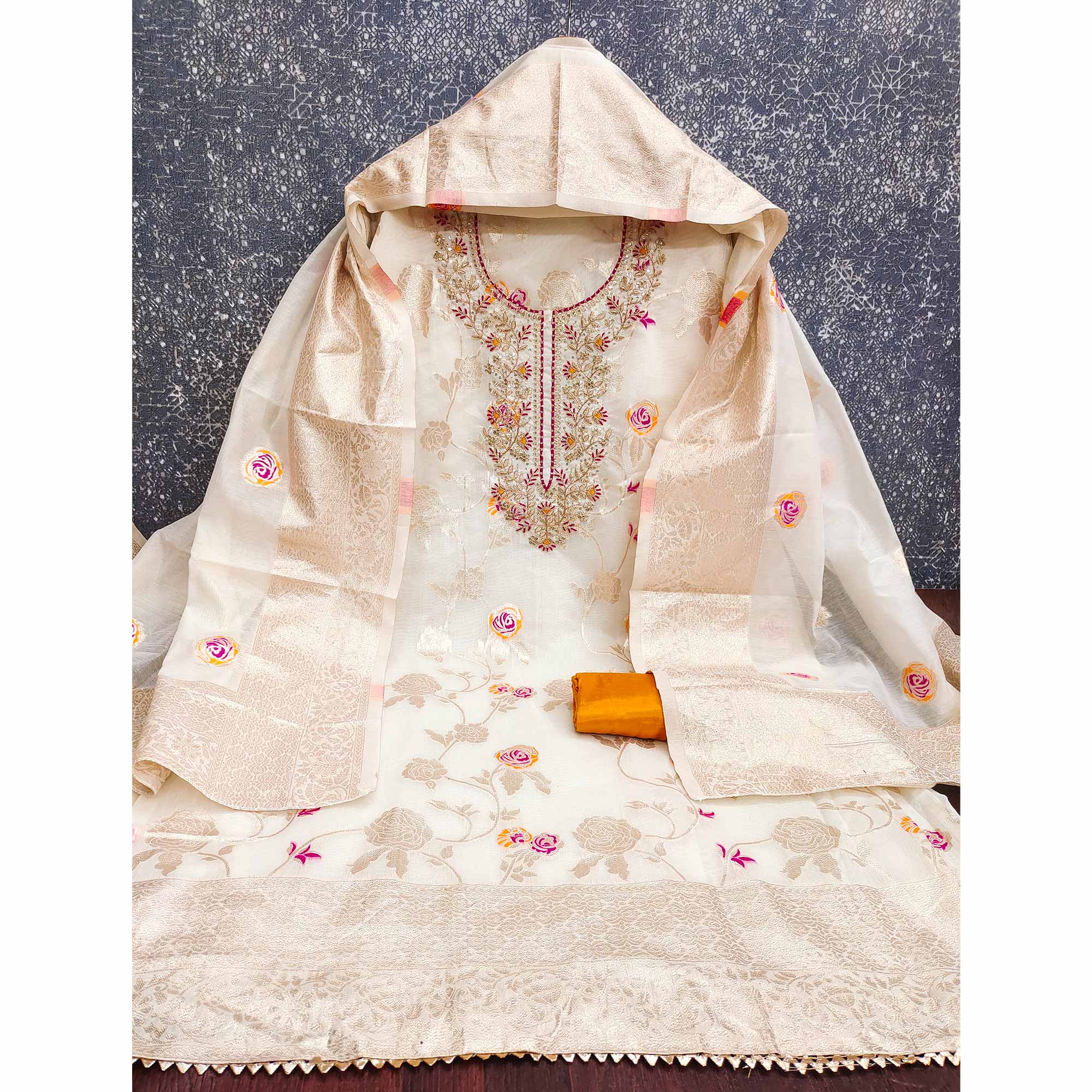 Premium Cream Floral Meenakari Jacquard Weaving Dress Material With Sequins Cording Embroidery - Image 4