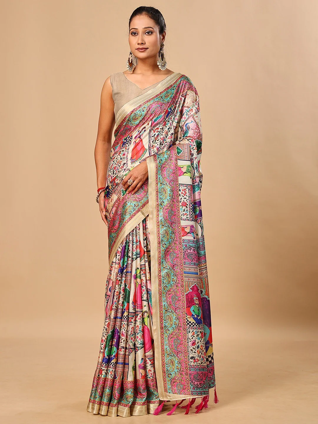 Premium Cream Floral & Paisley Digital Printed Tussar Silk Saree With Zari Weaving Border