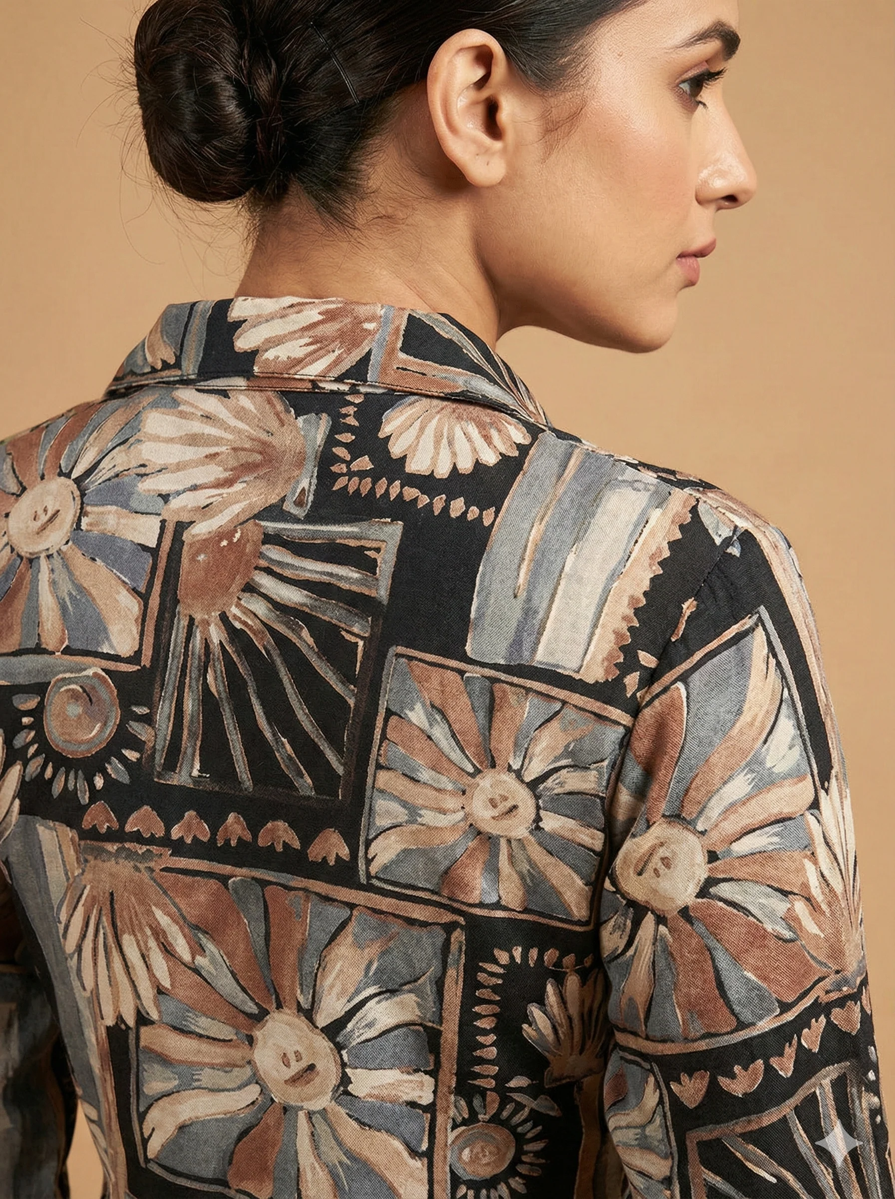 Premium Deep Navy Blue Floral Foil Printed Rayon Co-Ord Set Styled With A Shirt Collar Finish - Image 3