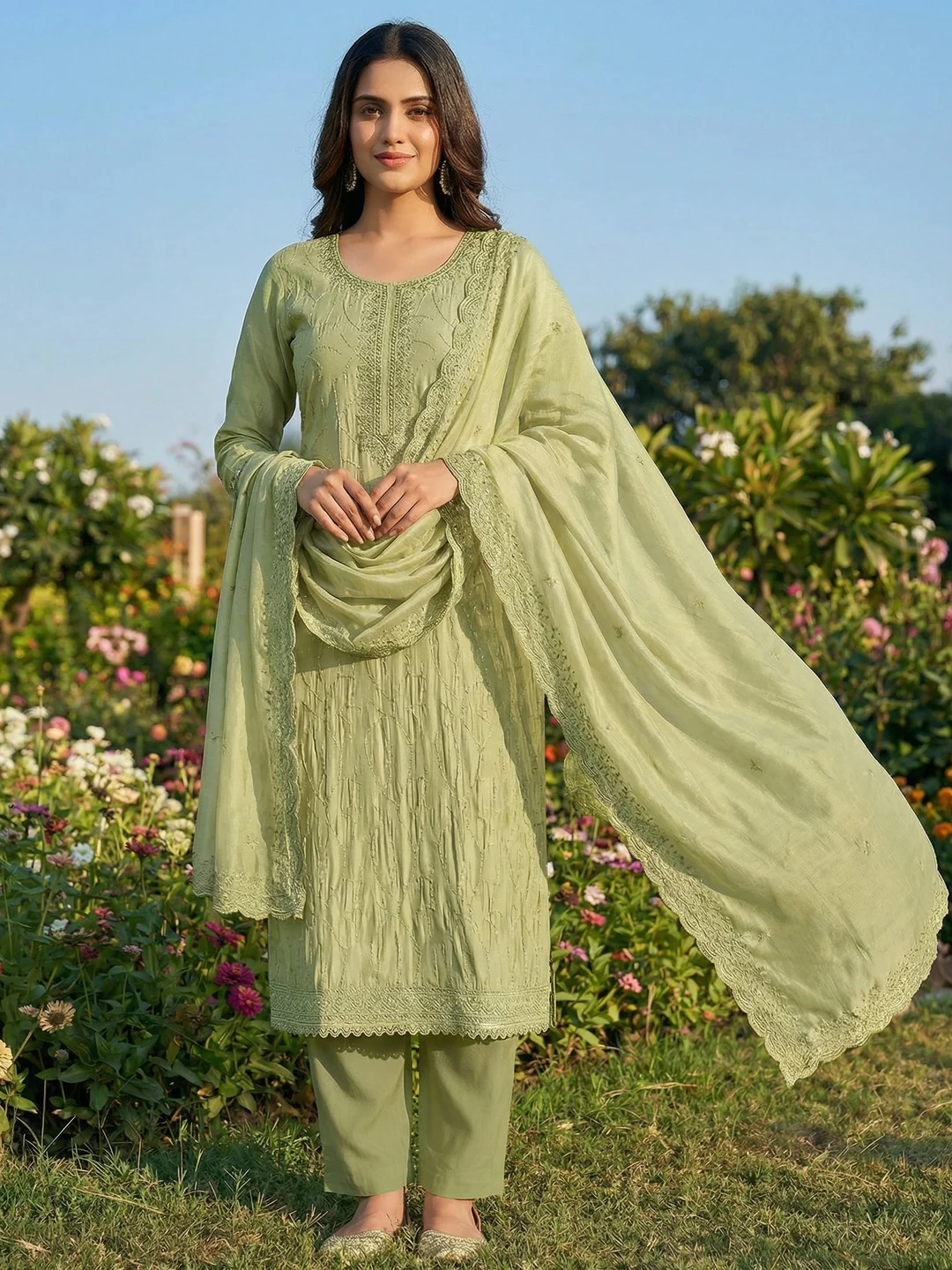 Premium Green Cotton Silk Dress Material Enhanced With Delicate Thread Embroidery & Handwork