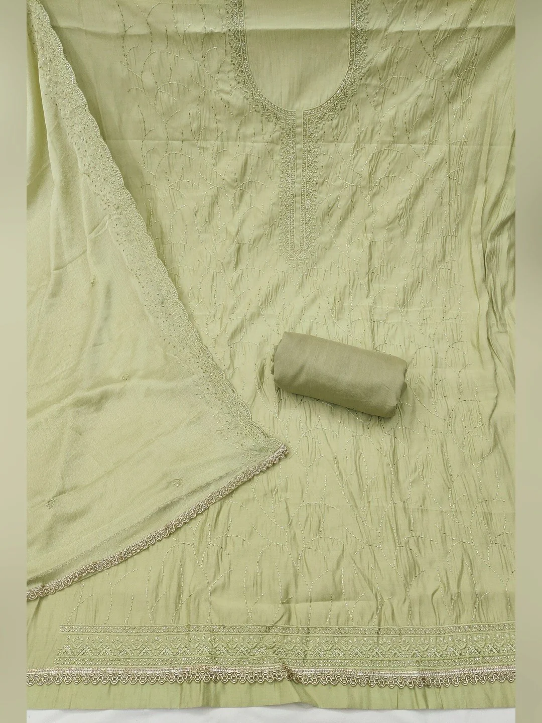 Premium Green Cotton Silk Dress Material Enhanced With Delicate Thread Embroidery & Handwork - Image 2