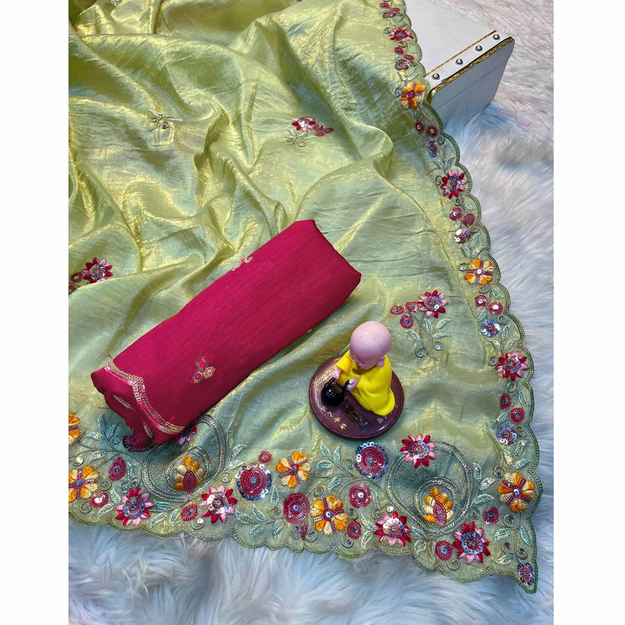Premium Green Crush Satin Saree with Beautiful Floral Embroidery - Image 4