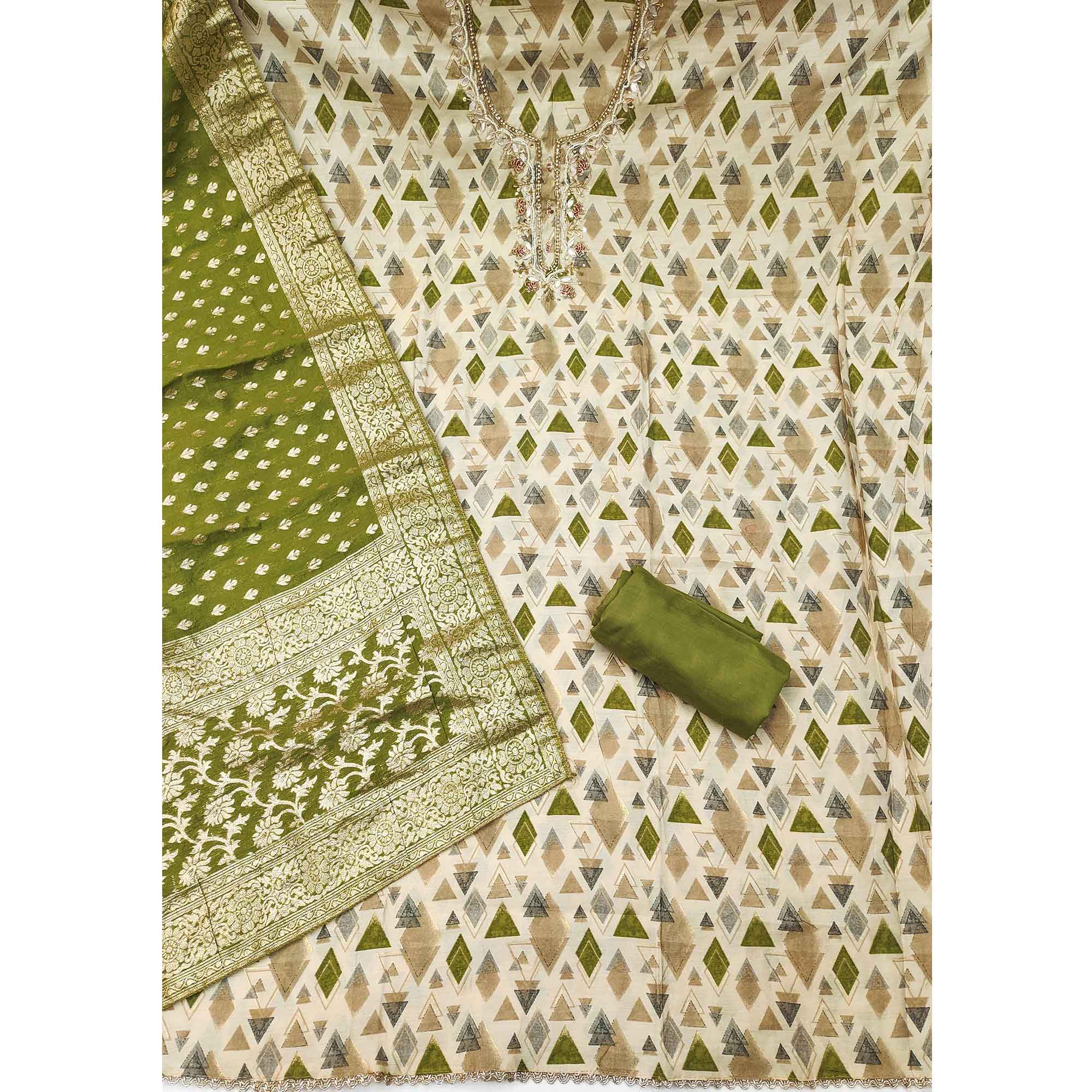 Premium Green Geometric Print Cotton Silk Dress Material Featuring Moti & Sequins Handwork - Image 4