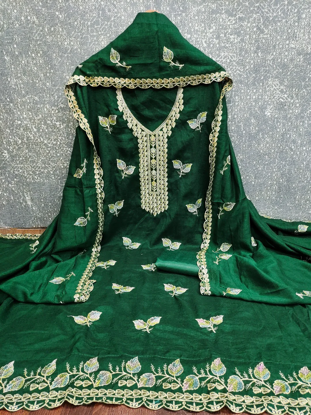 Premium Green Leaf Embroidery Vichitra Silk Dress Material With Rich Textured Finish - Image 2
