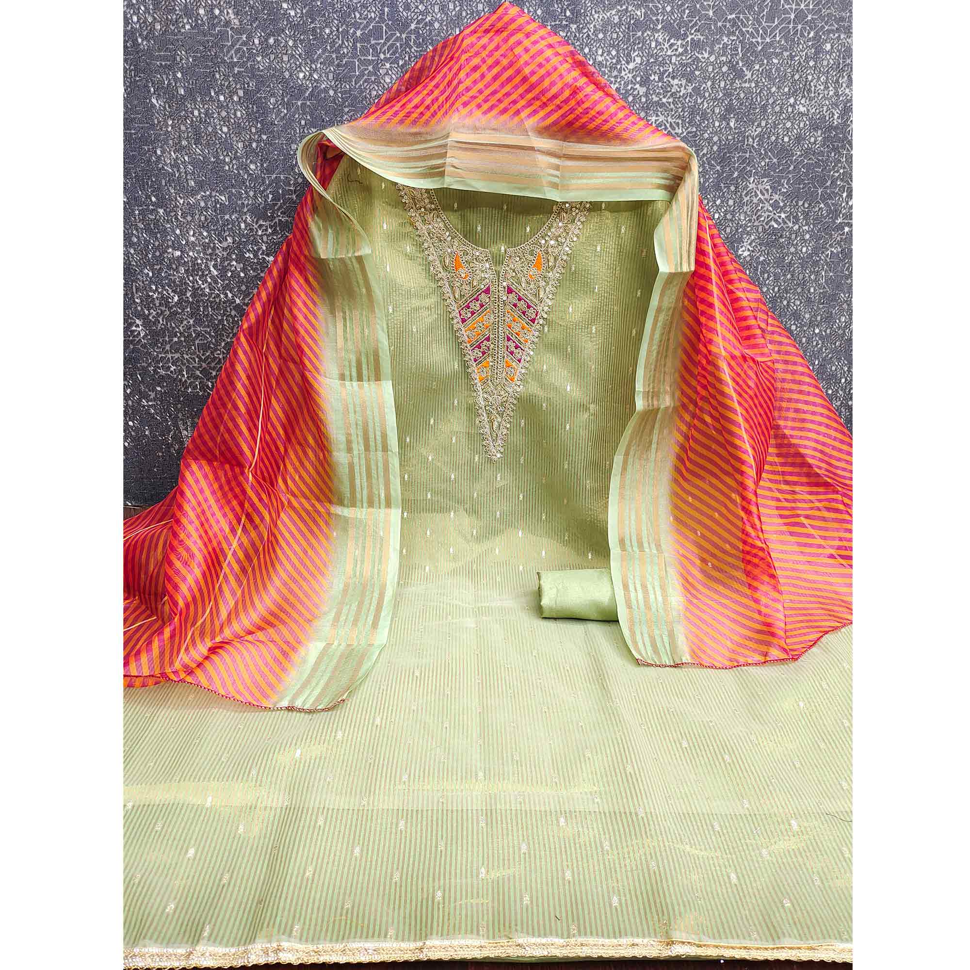 Premium Green Shimmer Dress Material With Detailed Butti Weaving & Cording Embroidery - Image 4