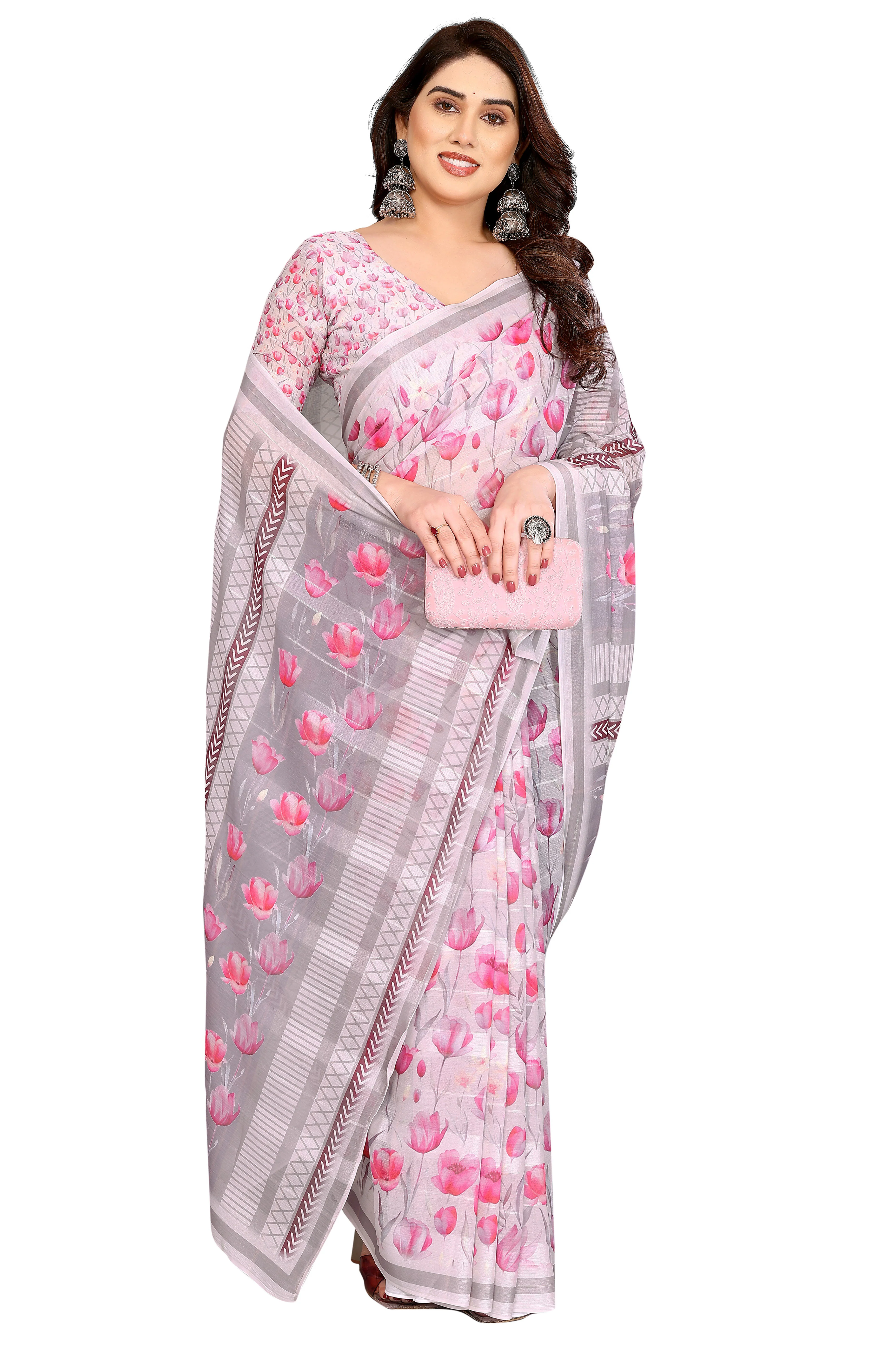 Premium Grey Floral Digital Printed Georgette Saree Featuring Delicate Zari & Bright Striped - Image 4