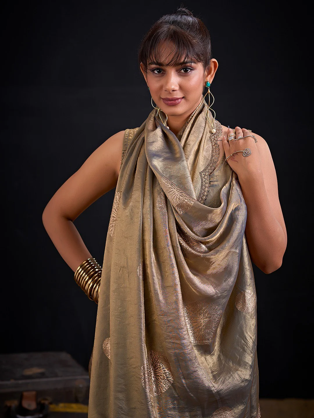 Premium Grey Satin Silk Saree Featuring Stone Work Border & Foil Print - Image 4