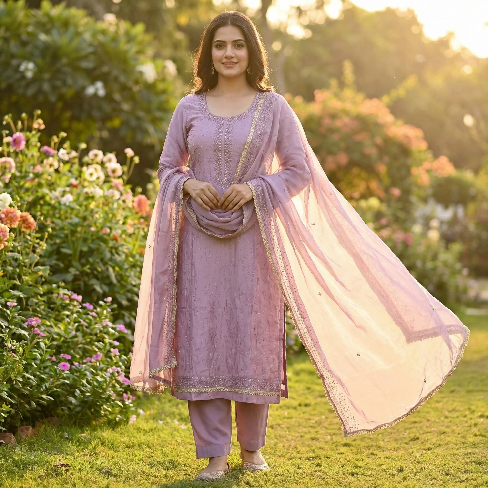 Premium Lavender Cotton Silk Dress Material Enhanced With Delicate Thread Embroidery & Handwork
