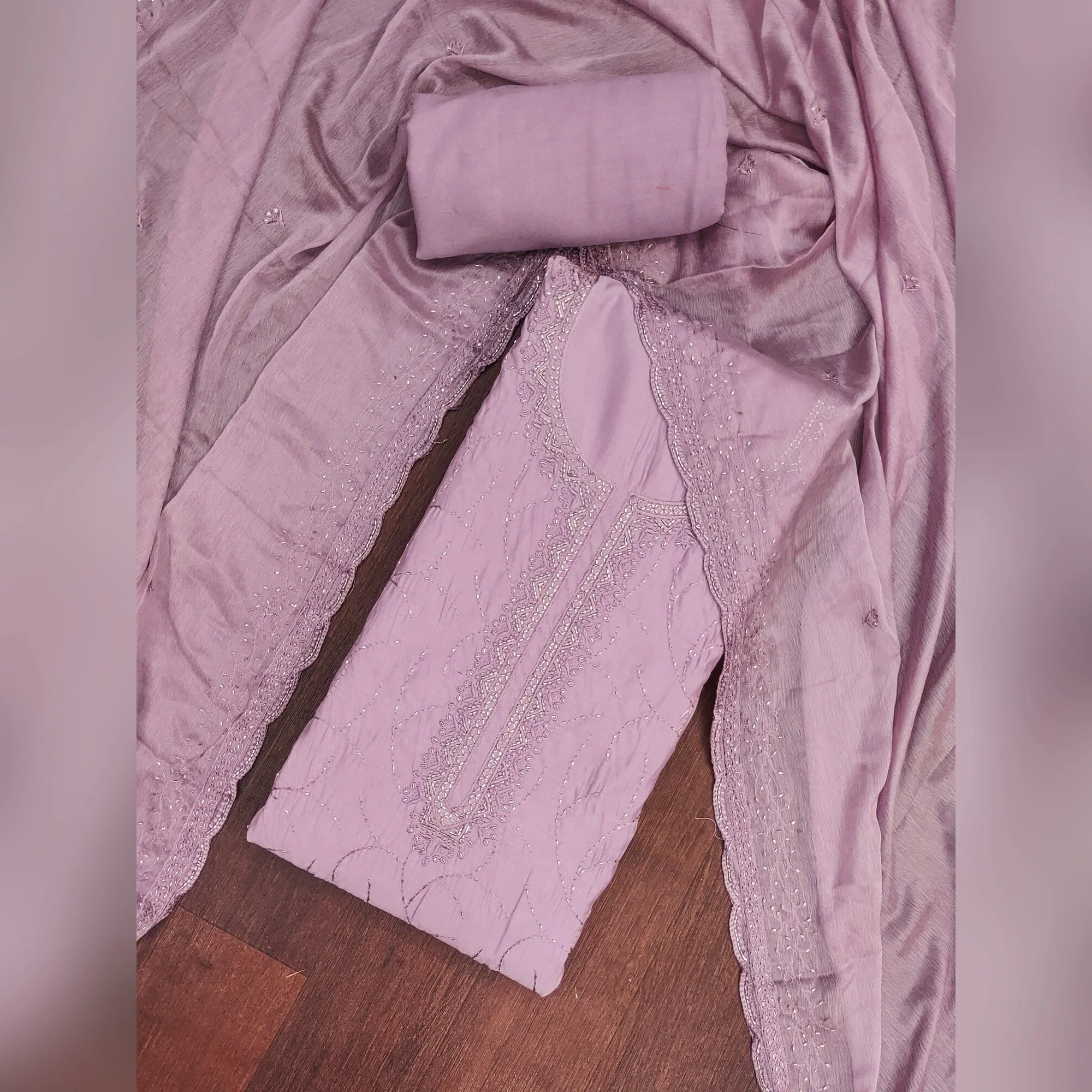 Premium Lavender Cotton Silk Dress Material Enhanced With Delicate Thread Embroidery & Handwork - Image 2