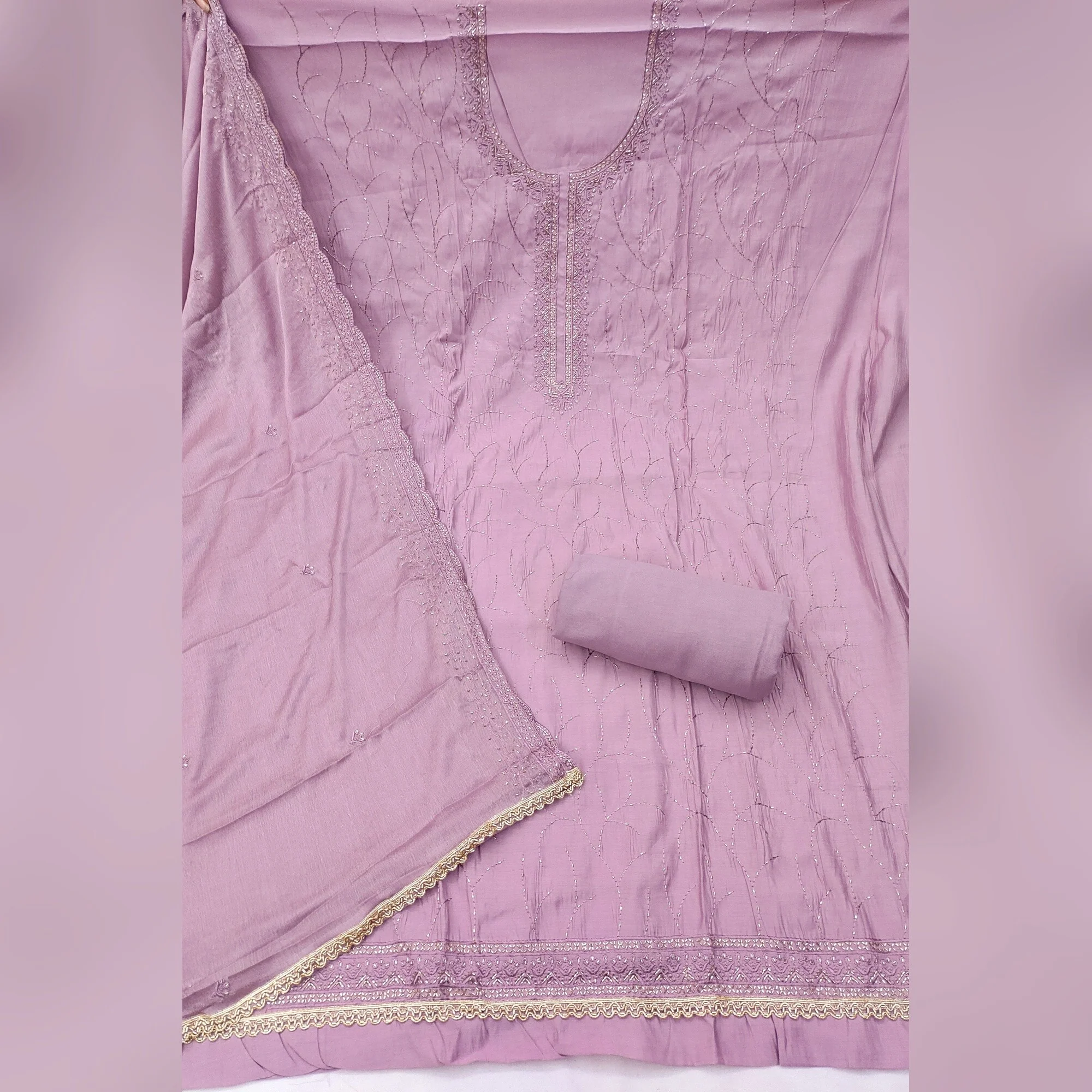 Premium Lavender Cotton Silk Dress Material Enhanced With Delicate Thread Embroidery & Handwork - Image 4