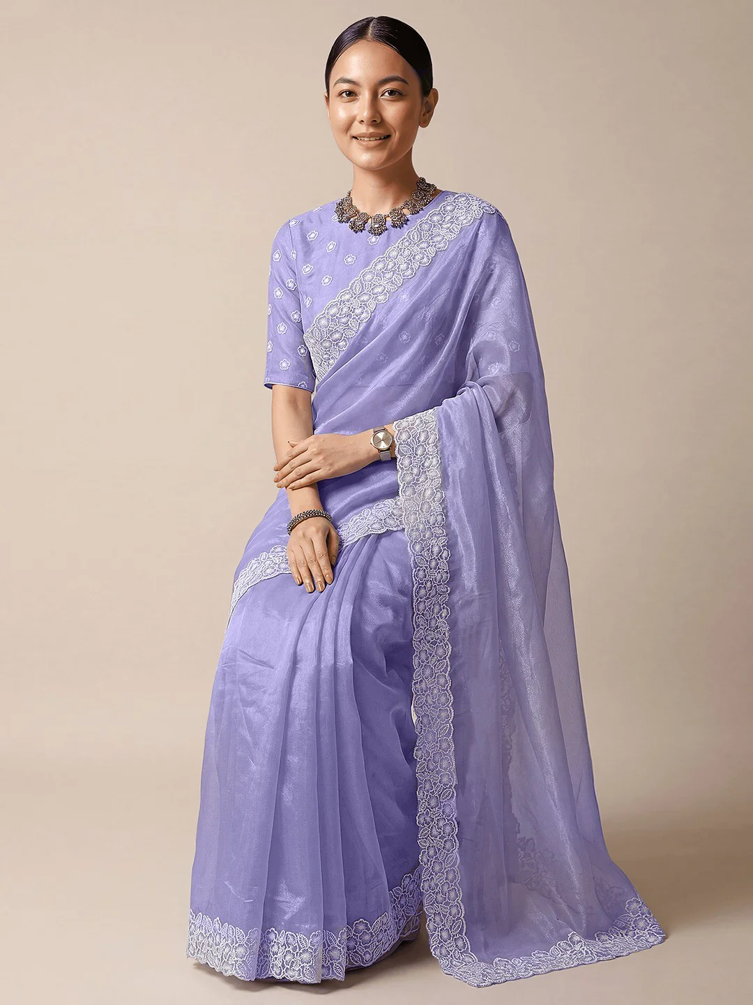 Premium Lavender Solid Twill Net Saree Accentuated With Floral Embroidered Border Detailing - Image 3