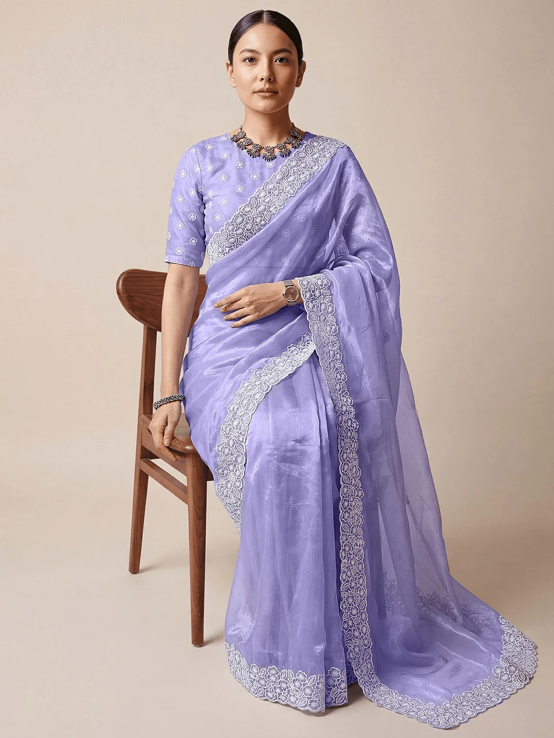Premium Lavender Solid Twill Net Saree Accentuated With Floral Embroidered Border Detailing - Image 4