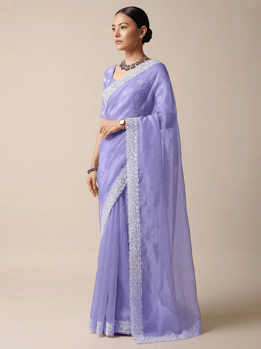 Premium Lavender Solid Twill Net Saree Accentuated With Floral Embroidered Border Detailing - Image 5