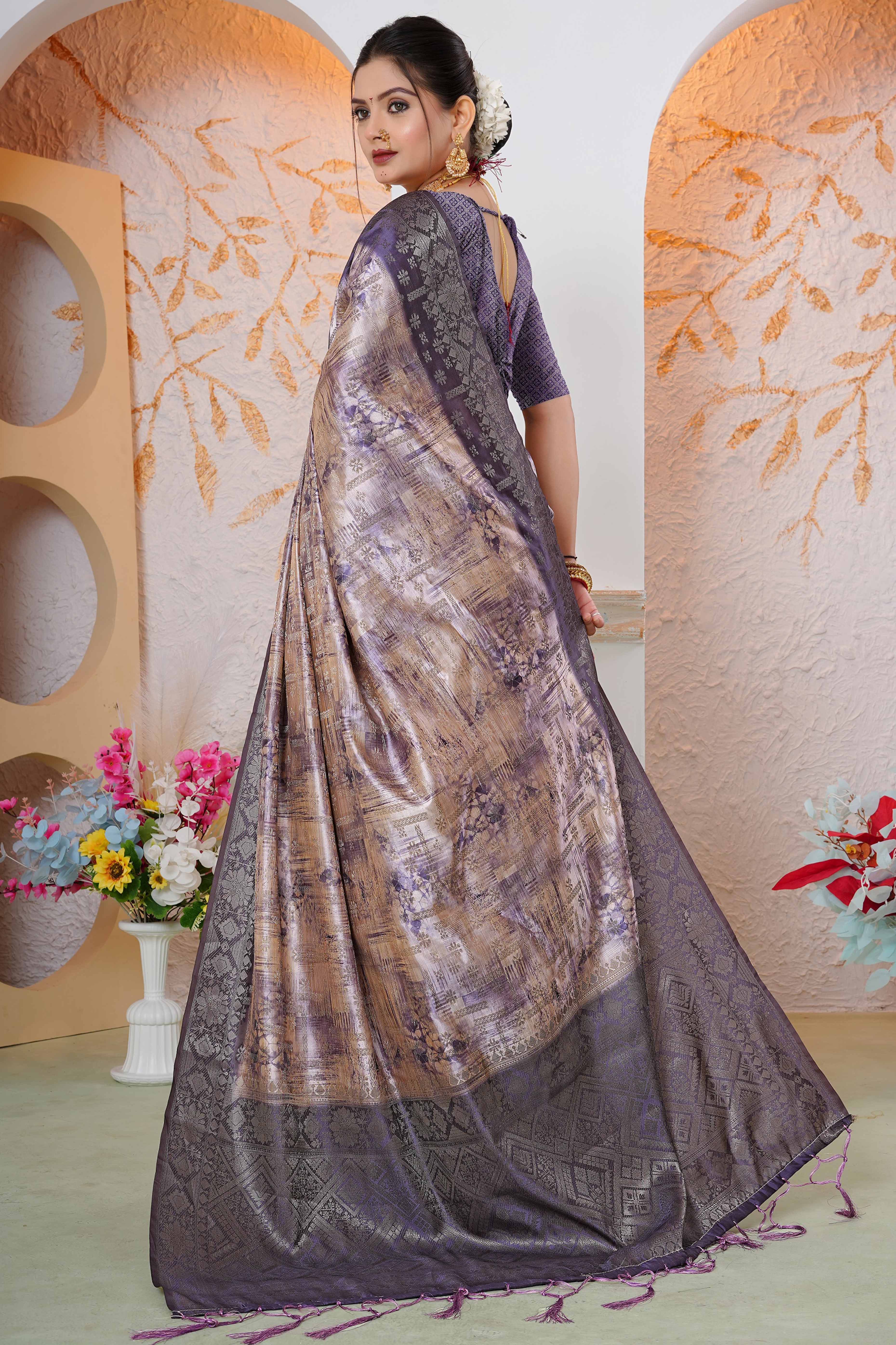 Premium Lavender Woven & Digitally Printed Silk Saree with Stylish Tassel Pallu - Image 5