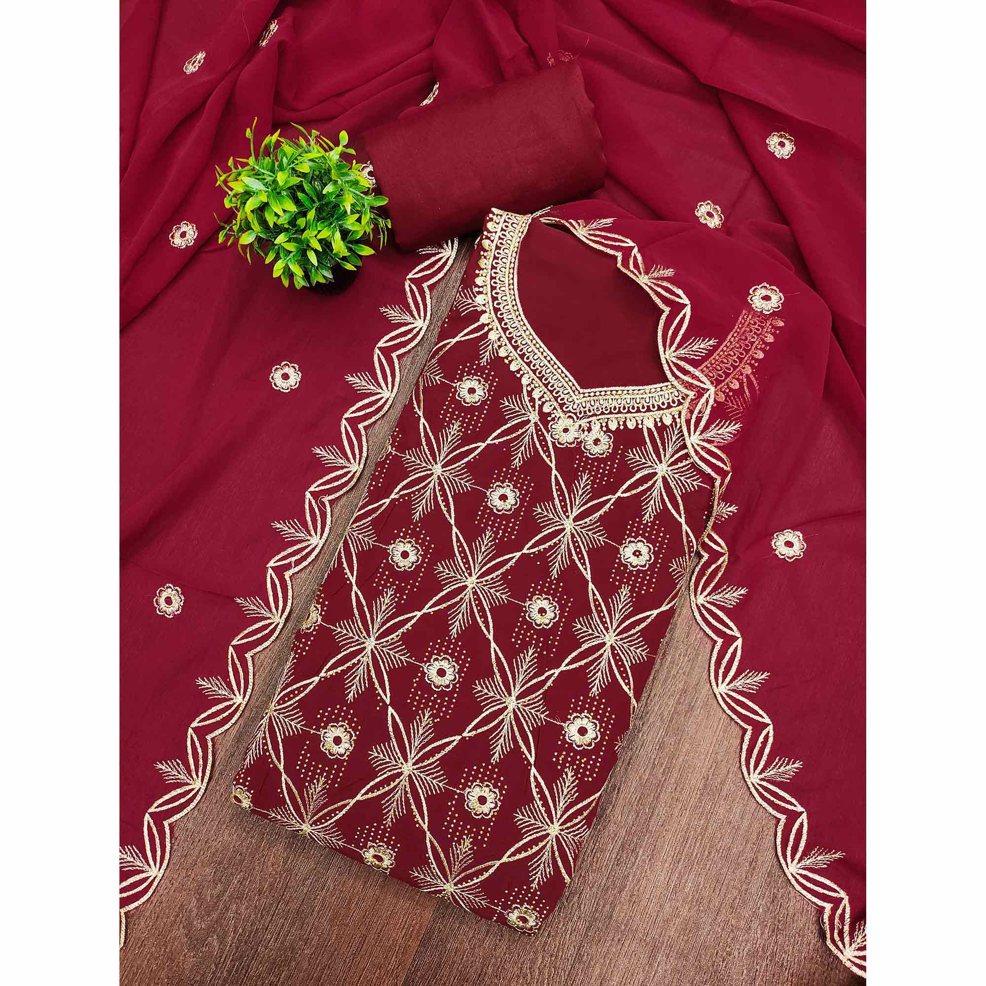 Premium Maroon Floral Embroidered Georgette Dress Material Accentuated With Swarovski Detailing - Image 3