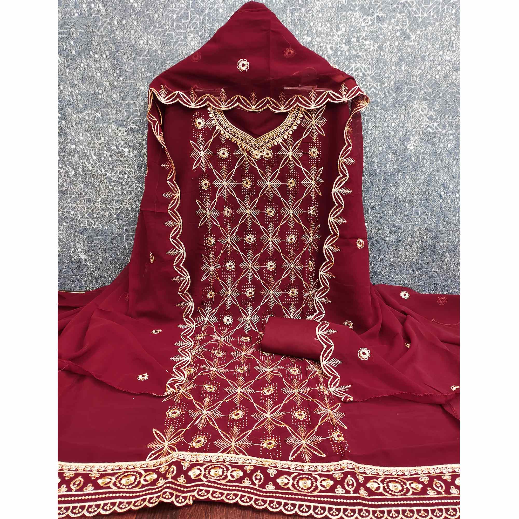 Premium Maroon Floral Embroidered Georgette Dress Material Accentuated With Swarovski Detailing - Image 4