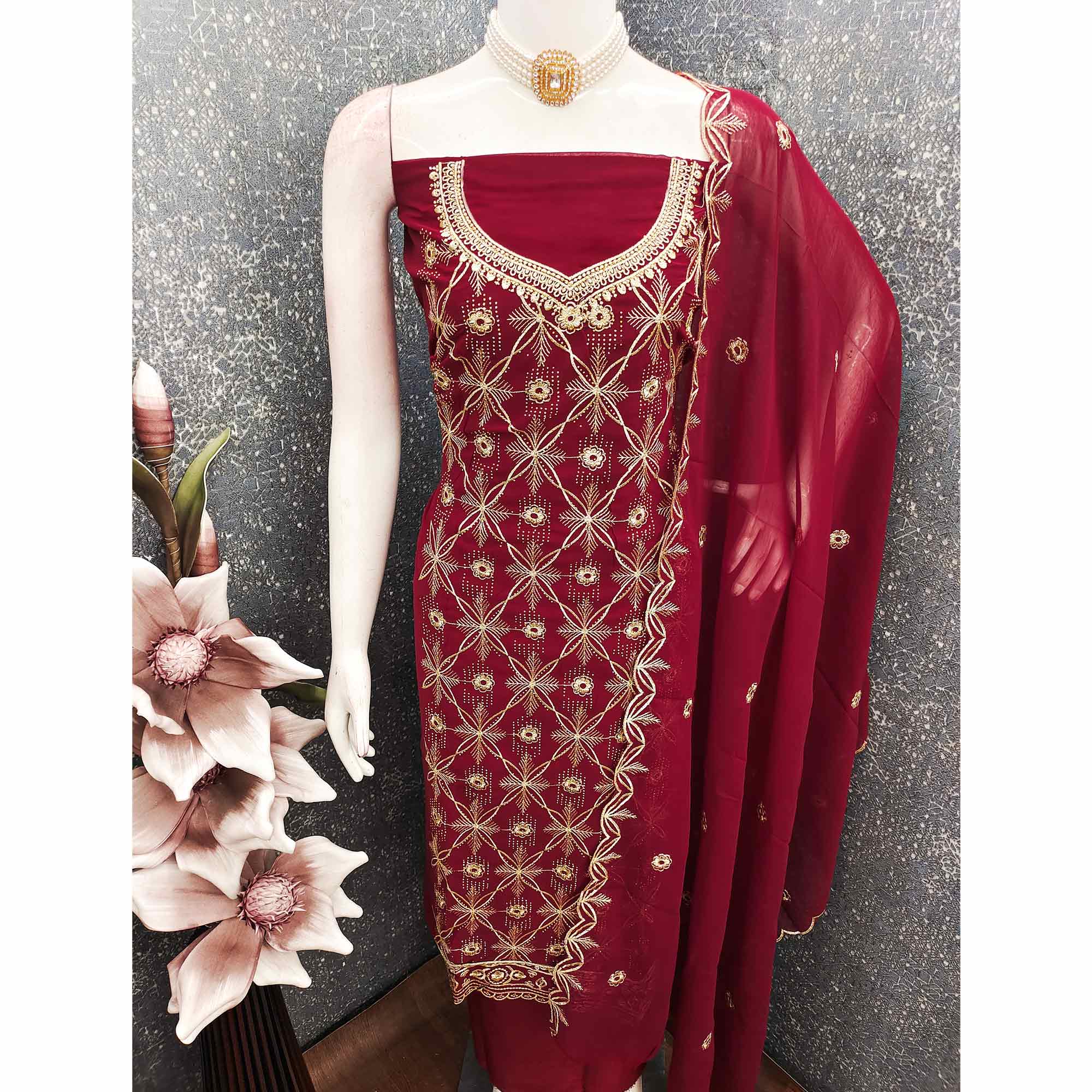 Premium Maroon Floral Embroidered Georgette Dress Material Accentuated With Swarovski Detailing - Image 5