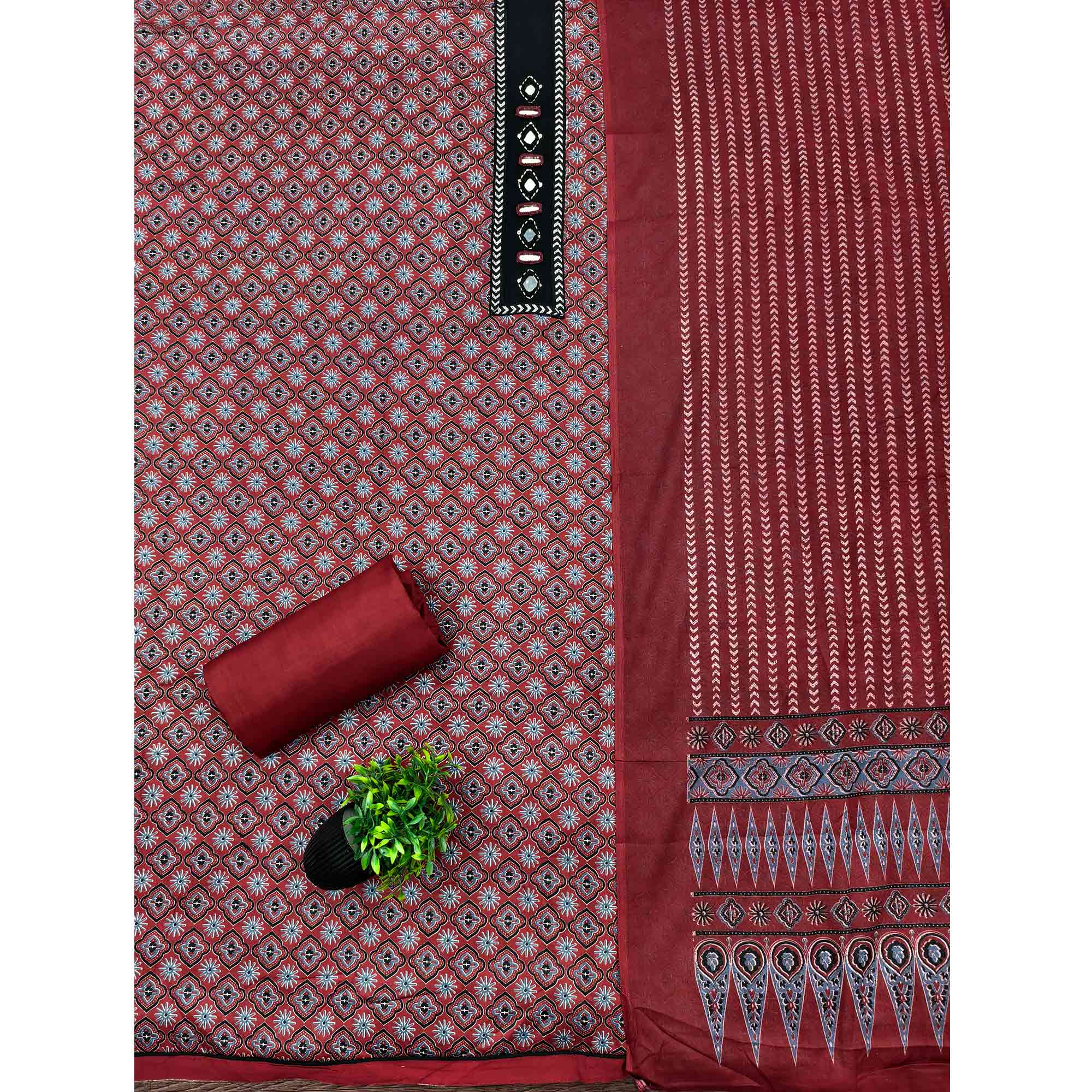Premium Maroon Floral Printed Pure Cotton Dress Material With Delicate Neck Embellishments - Image 3