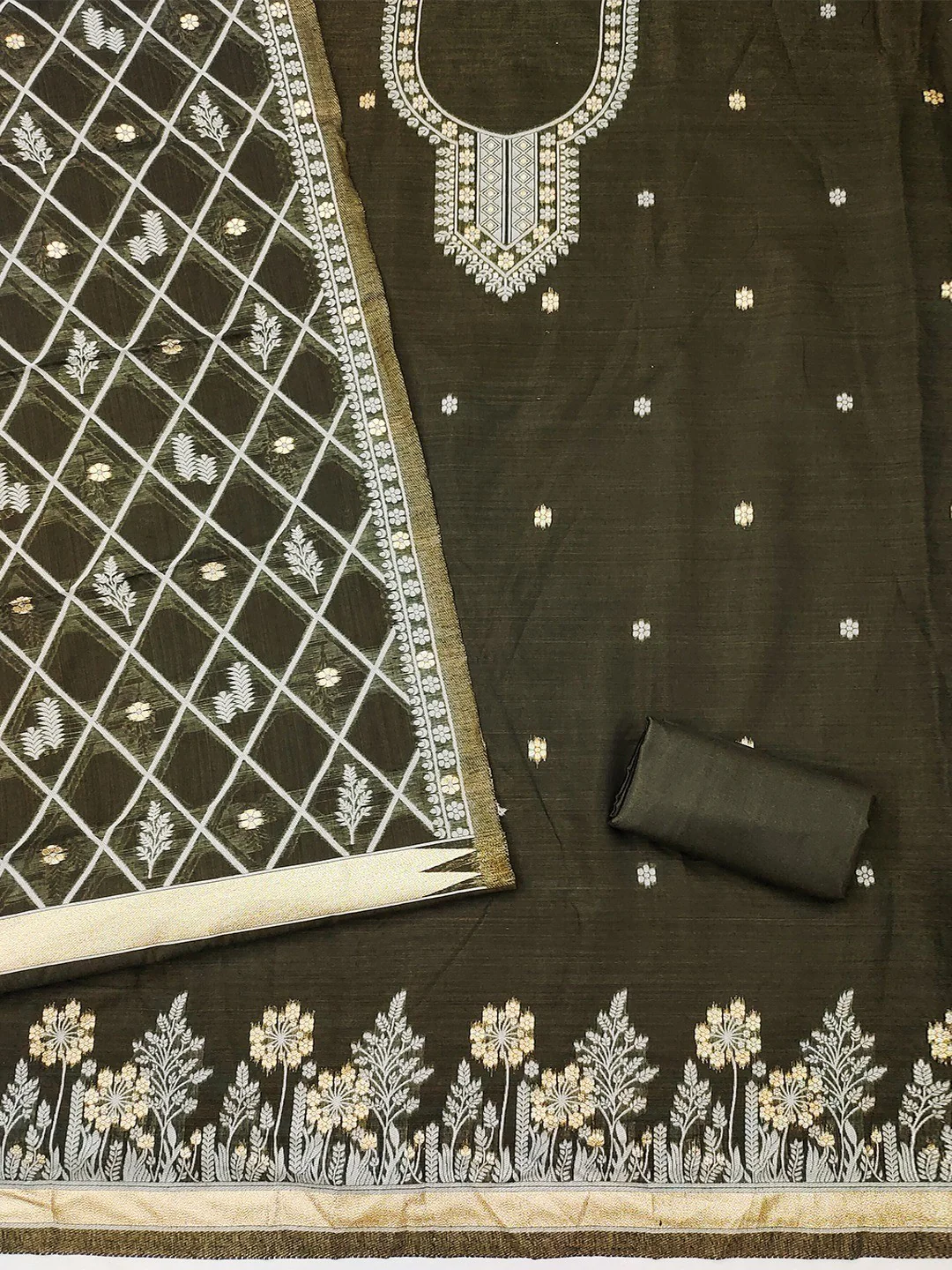 Premium Mehendi Green Floral Weaving Chanderi Silk Dress Material With Intricate Zari Work - Image 3
