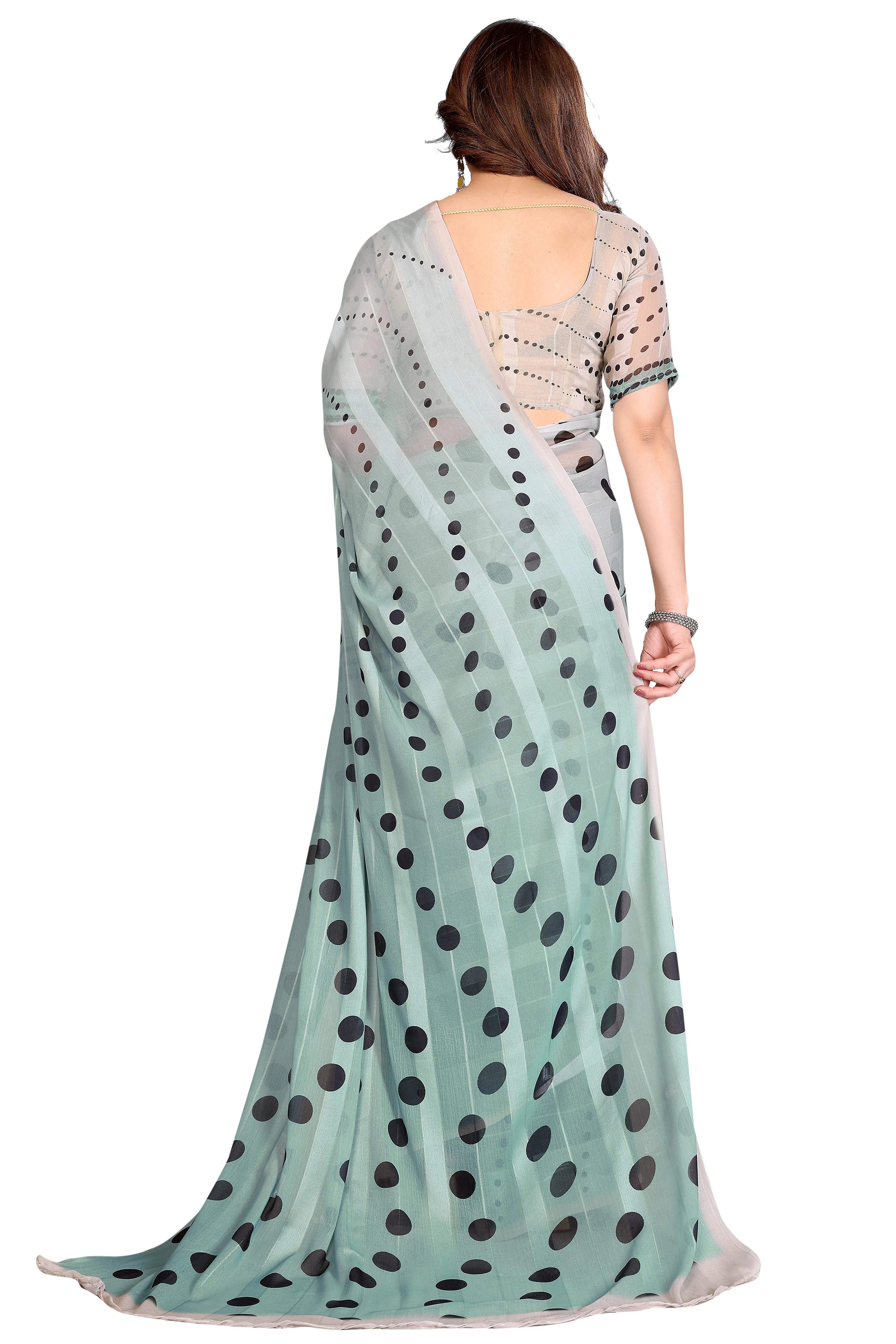 Premium Mint Green Polka Digital Printed Georgette Saree Featuring Delicate Zari & Bright Striped - Image 5
