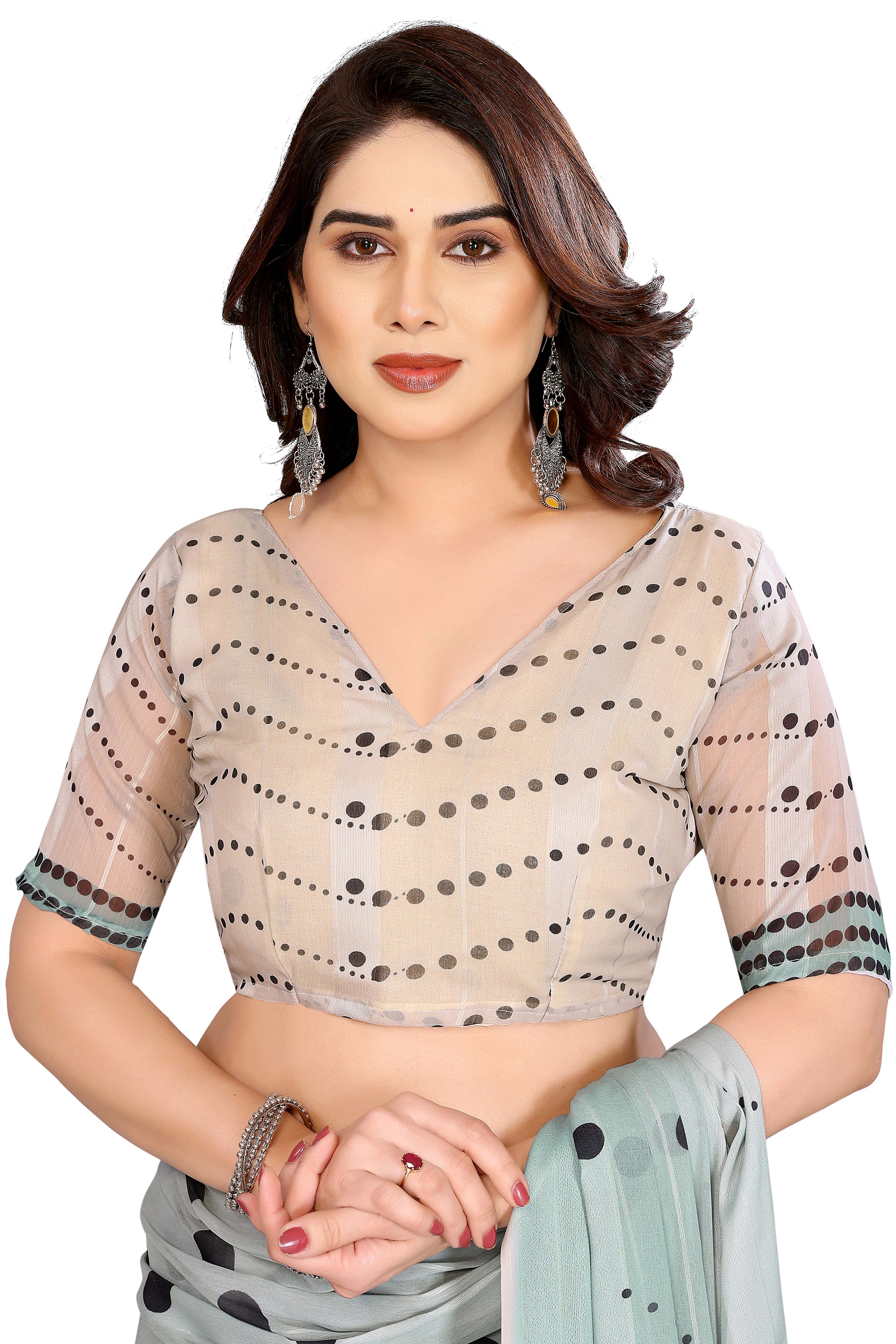 Premium Mint Green Polka Digital Printed Georgette Saree Featuring Delicate Zari & Bright Striped - Image 6