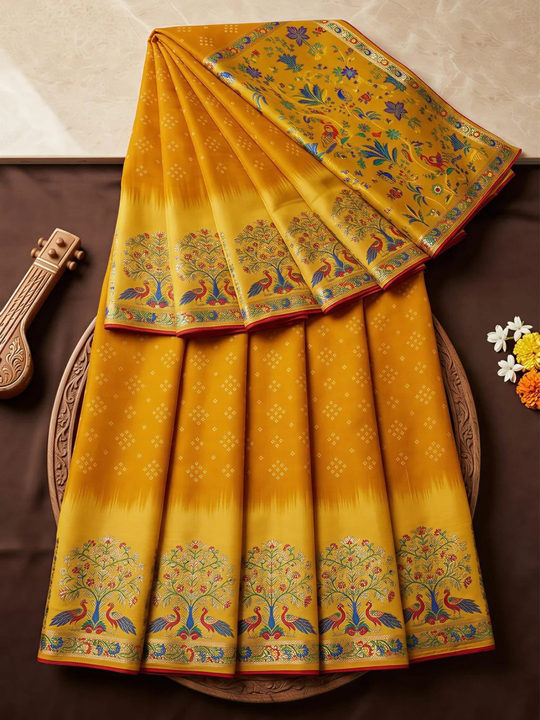 Premium Mustard Bandhani & Floral Printed Dola Silk Saree With Rich Foil Work - Image 2