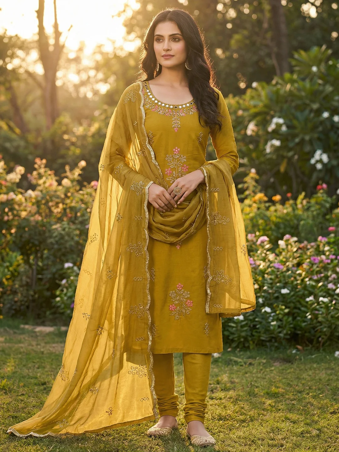 Premium Mustard Floral Hand Embroidered Cotton Silk Dress Material With Stone & Mirror Work