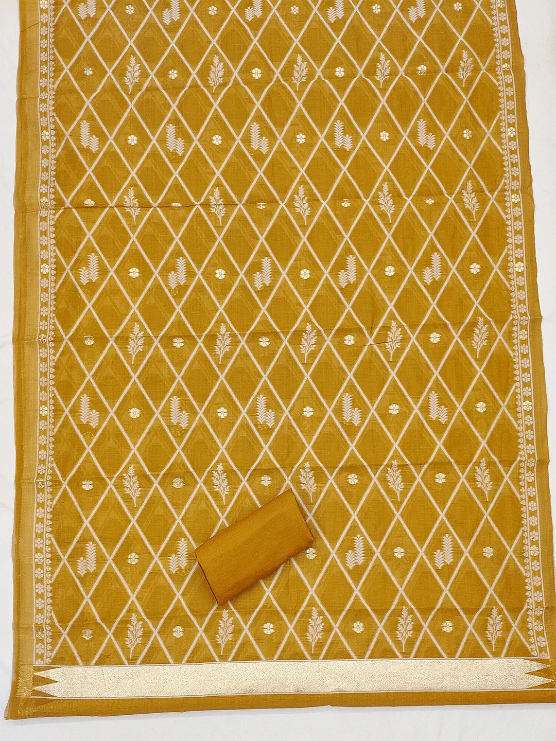 Premium Mustard Floral Weaving Chanderi Silk Dress Material With Intricate Zari Work - Image 4