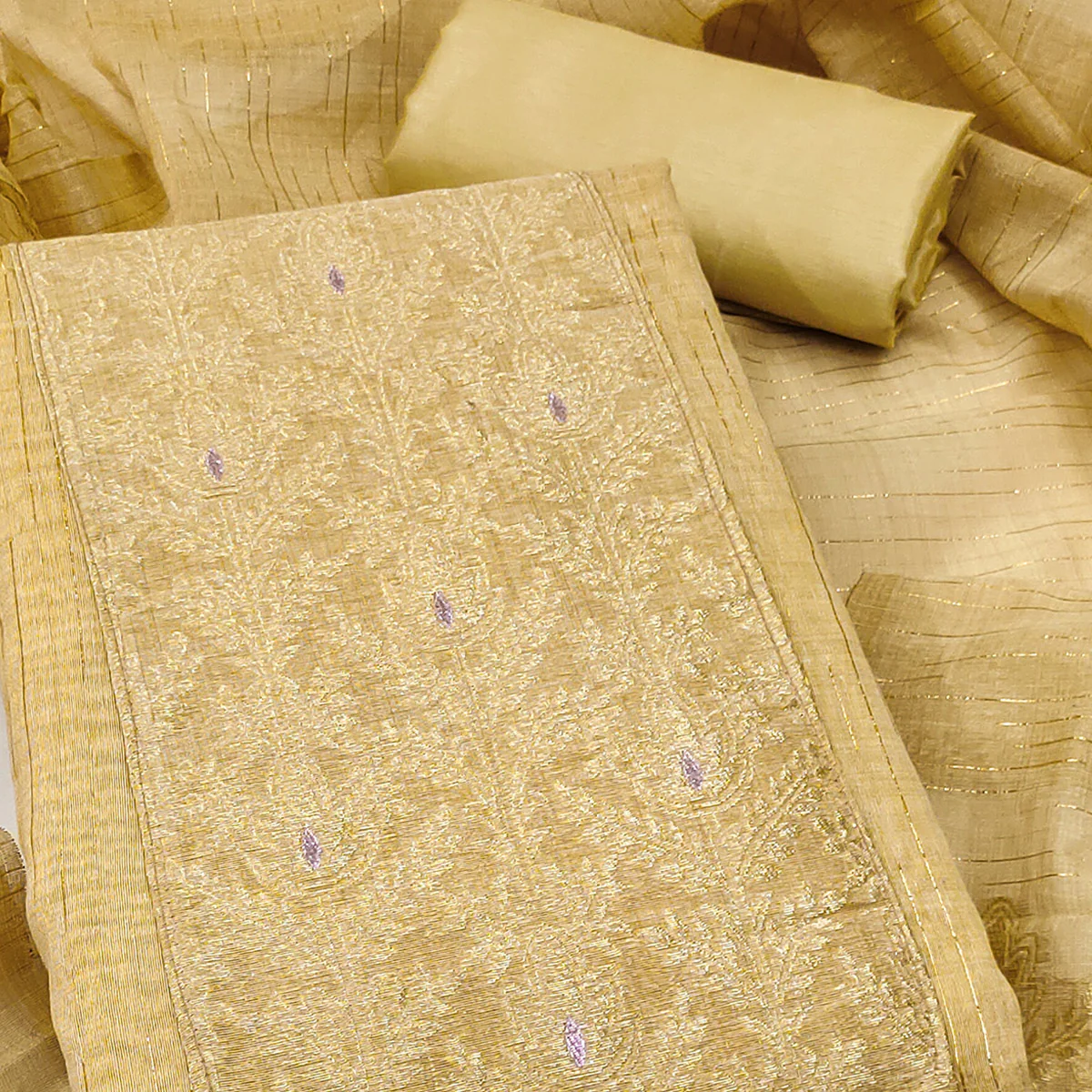 Premium Mustard Floral Weaving Crafted Cotton Silk Jacquard Dress Material - Image 2