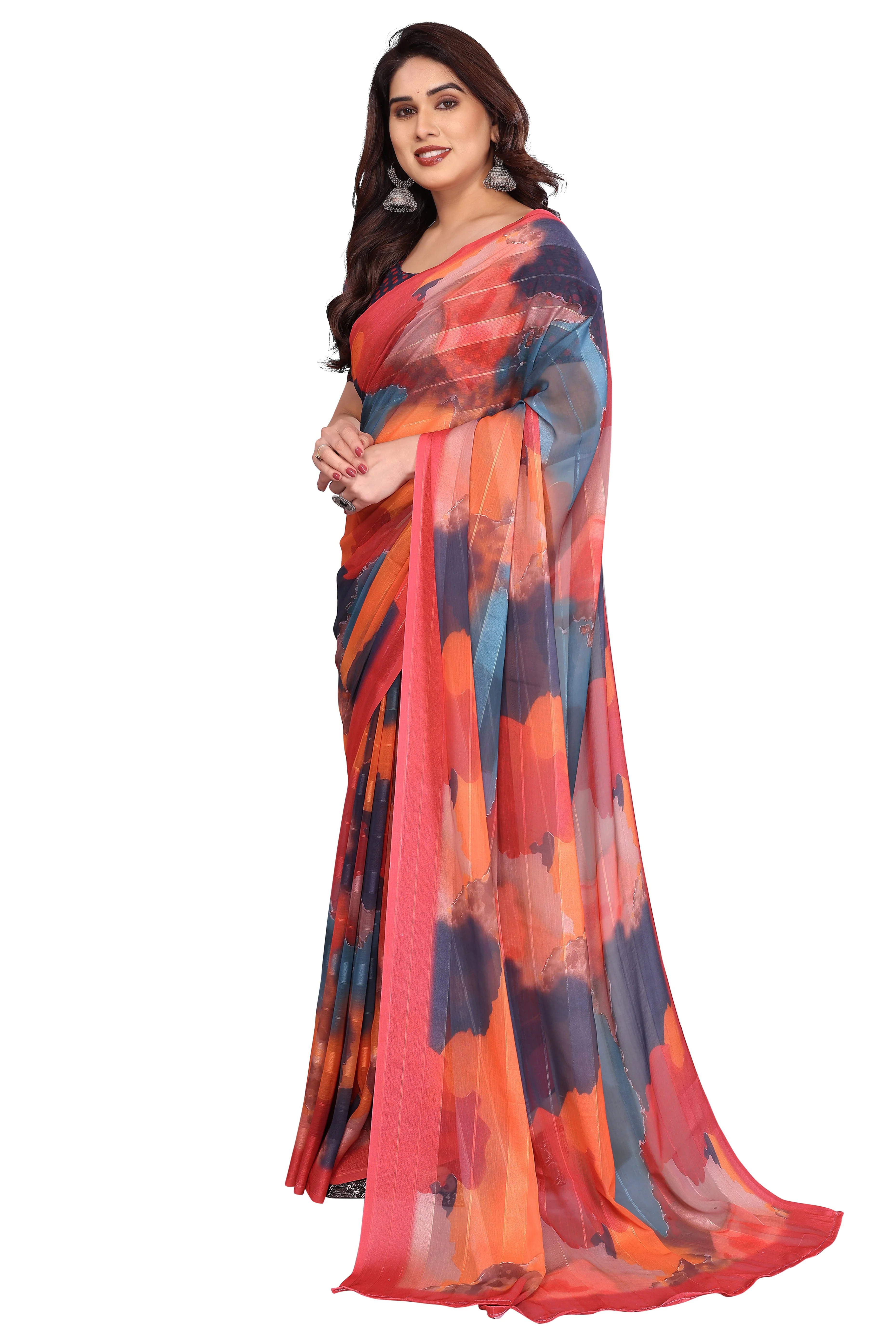 Premium Muticolor Digital Printed Georgette Saree Featuring Delicate Zari & Bright Striped - Image 3