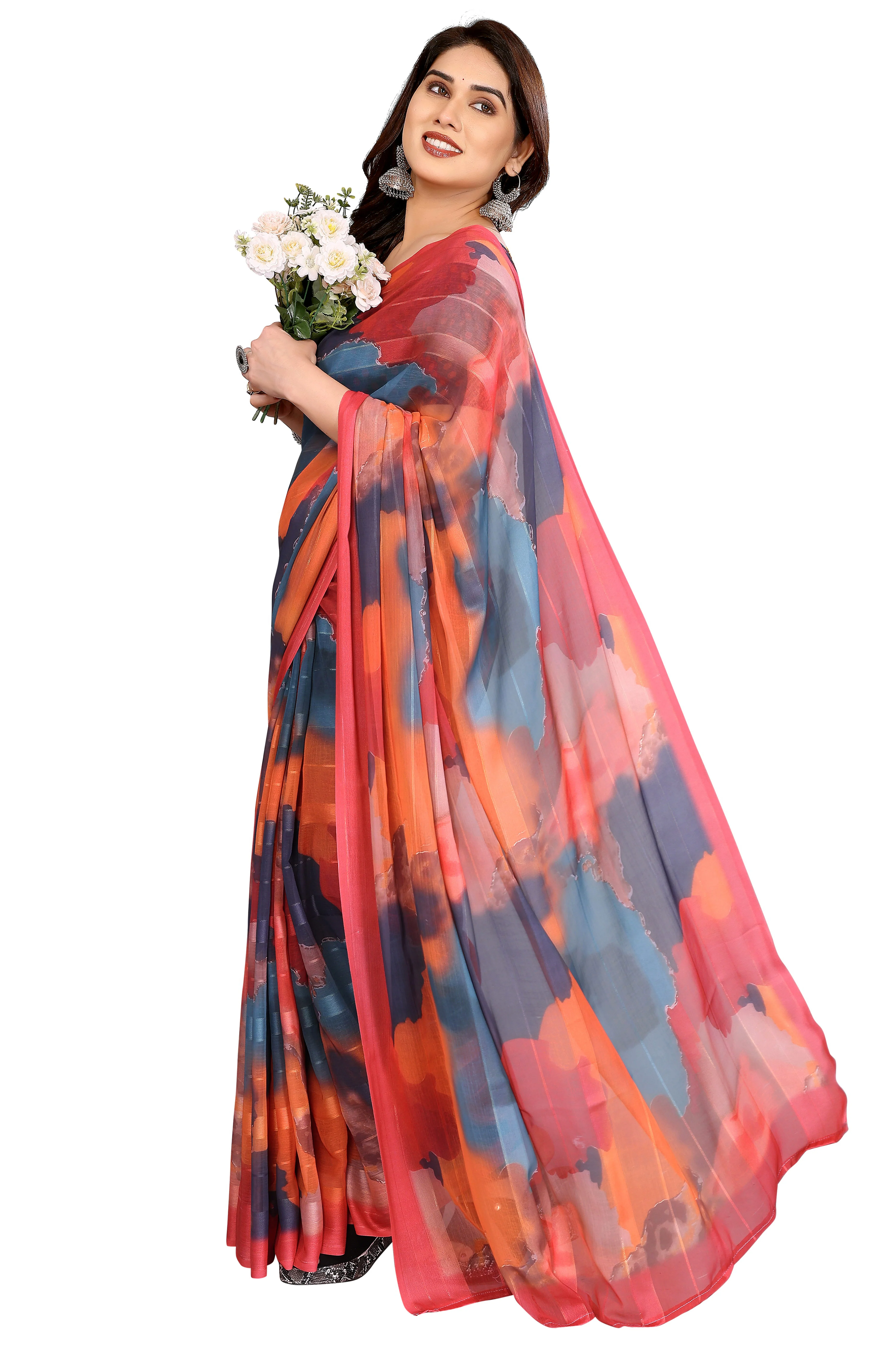 Premium Muticolor Digital Printed Georgette Saree Featuring Delicate Zari & Bright Striped - Image 4