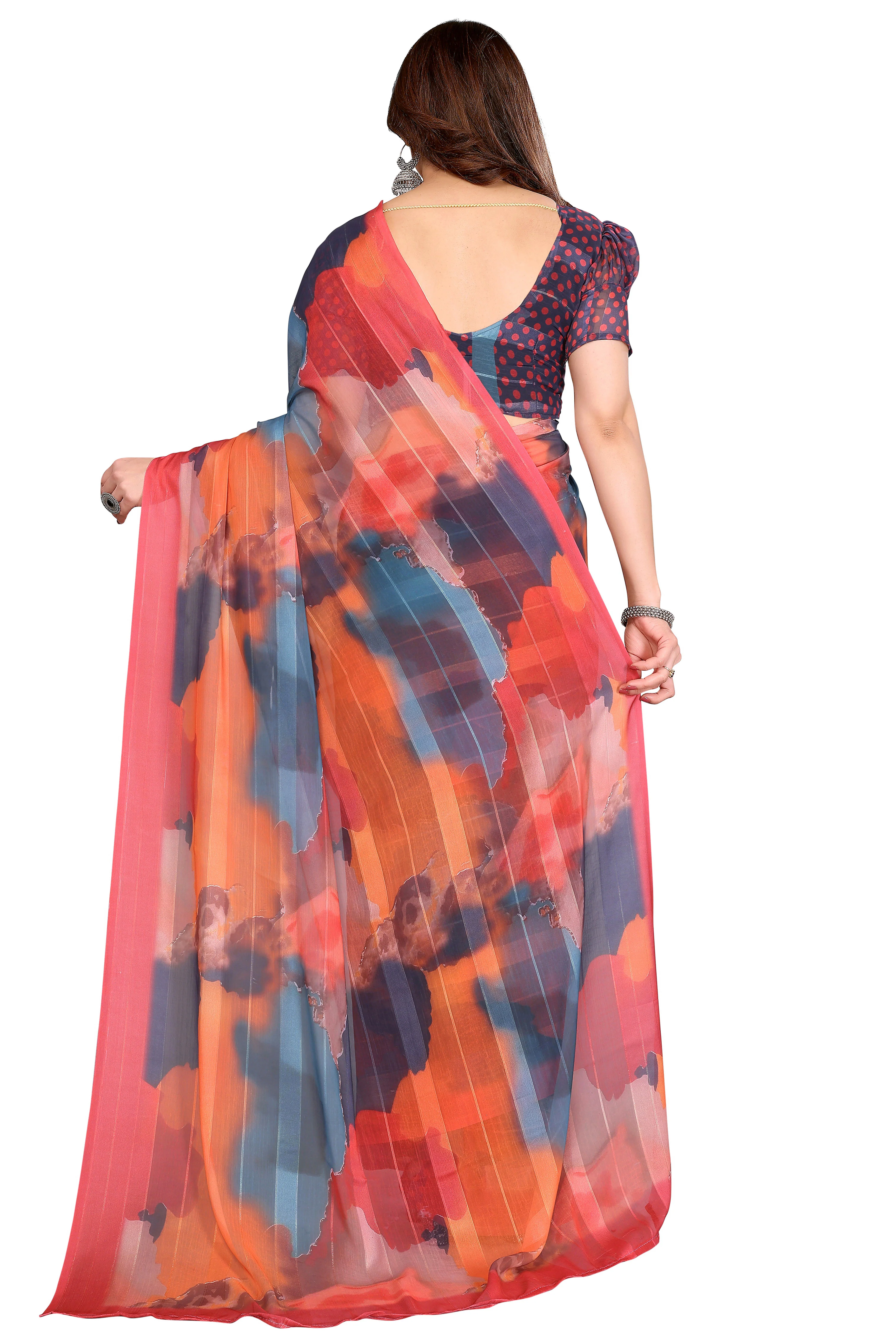 Premium Muticolor Digital Printed Georgette Saree Featuring Delicate Zari & Bright Striped - Image 5