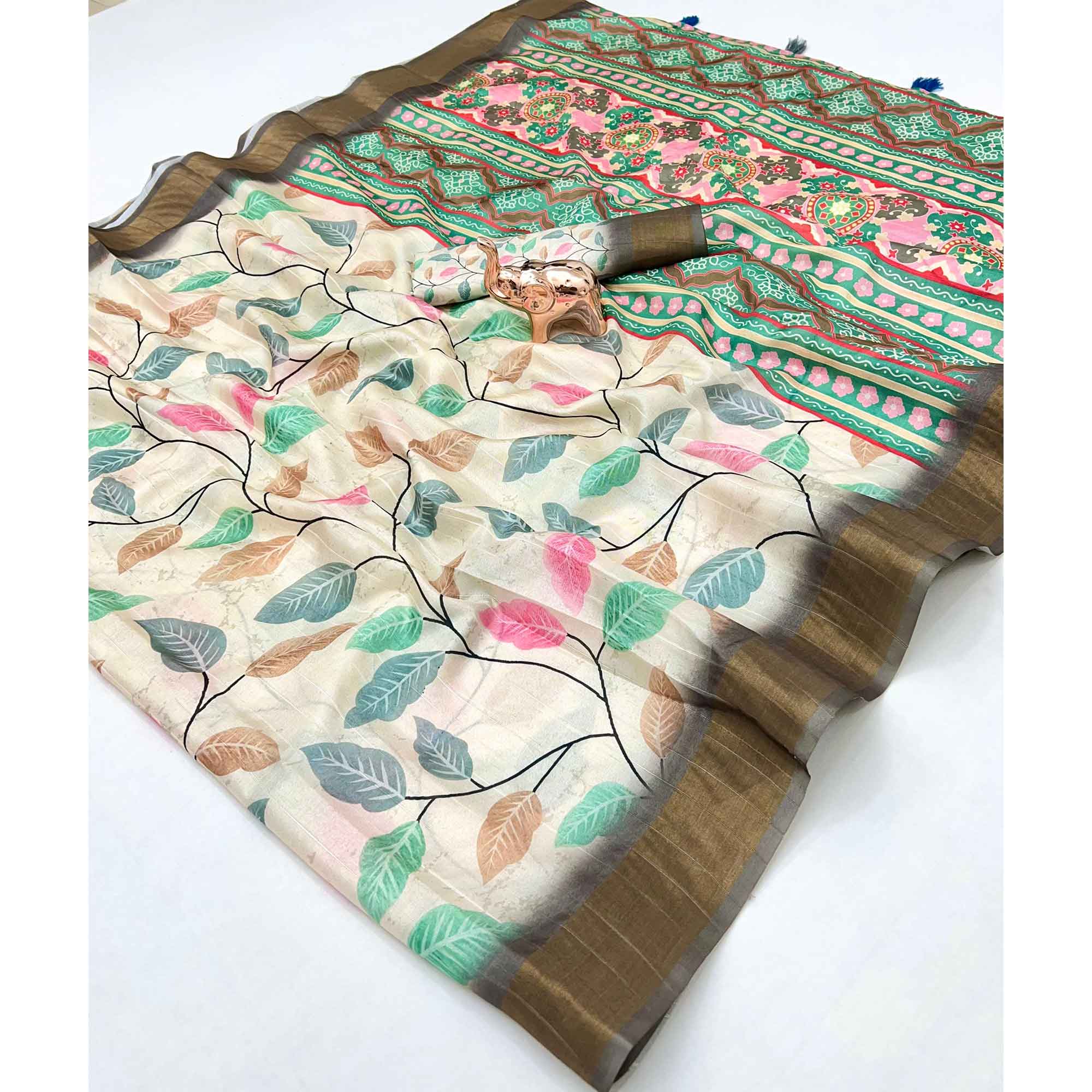 Premium Off White Saree with Floral Print and Traditional Zari Border Detailing - Image 3