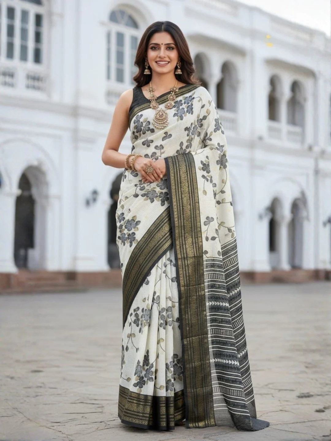 Premium Offwhite Floral Printed Dola Silk Saree With Traditional Zari Weaving Border Finish