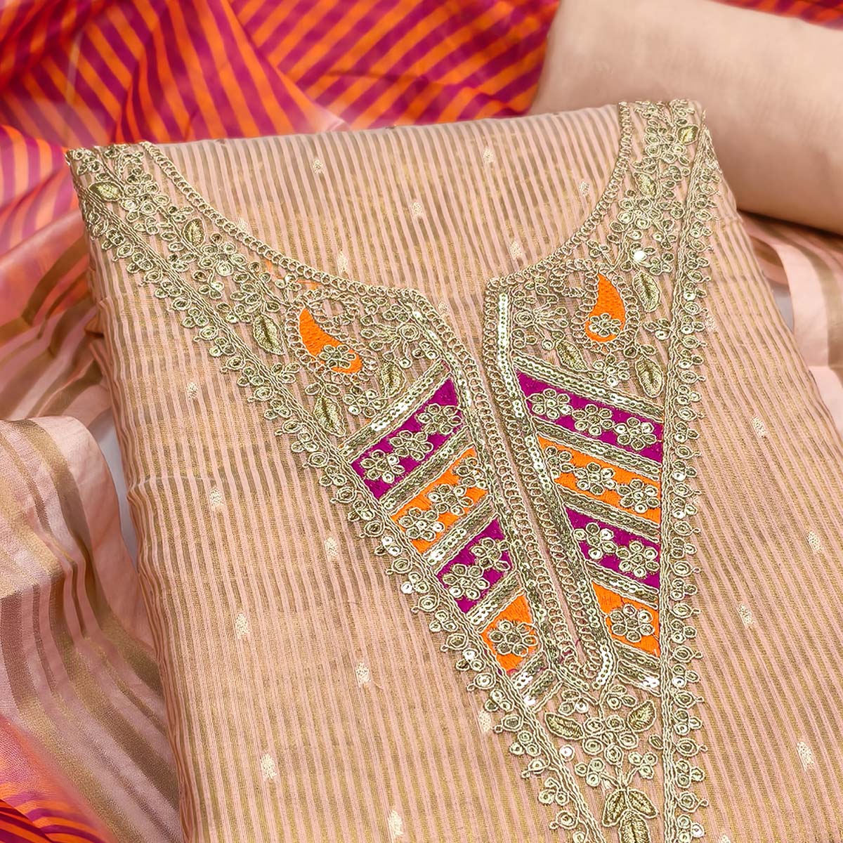 Premium Peach Shimmer Dress Material With Detailed Butti Weaving & Cording Embroidery - Image 2