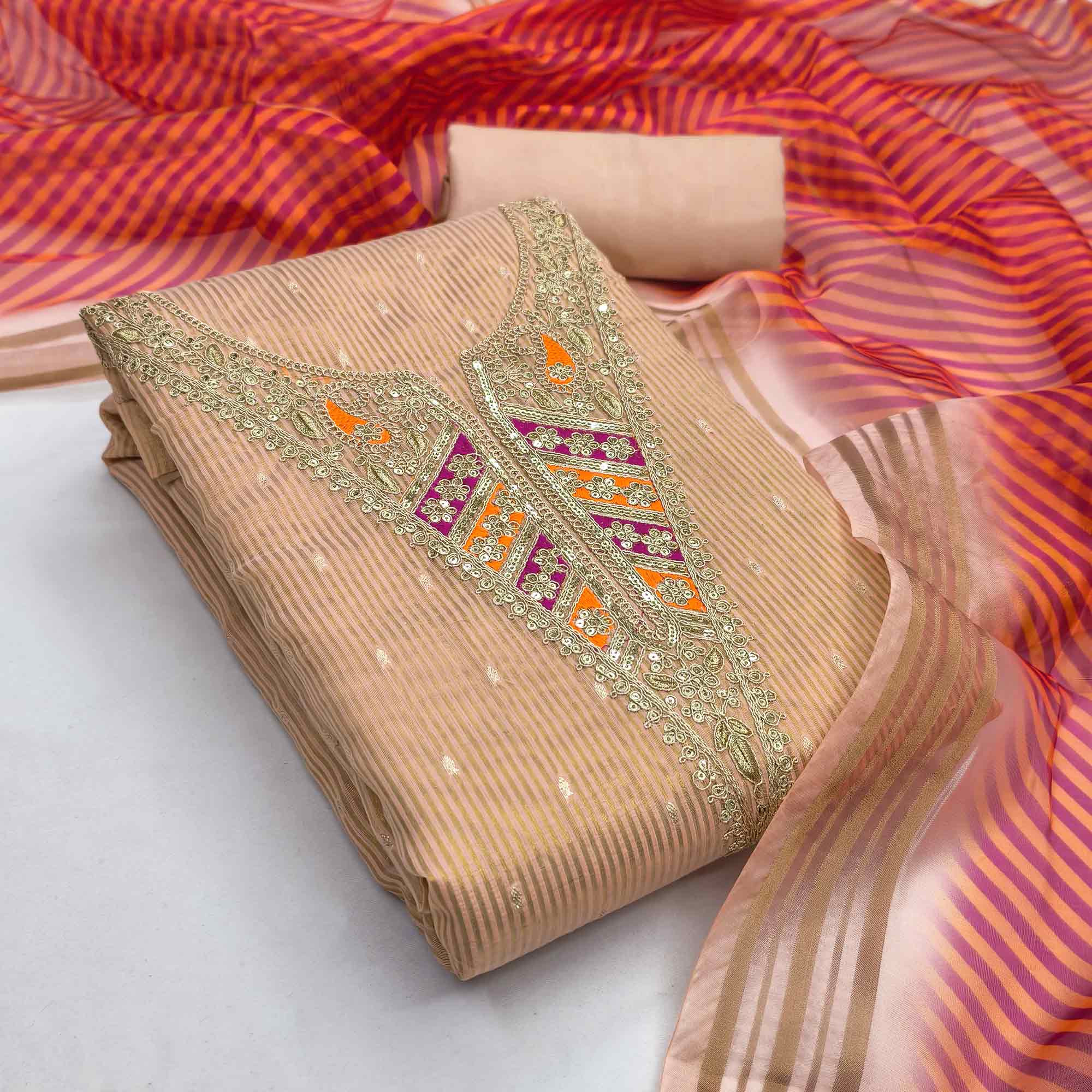 Premium Peach Shimmer Dress Material With Detailed Butti Weaving & Cording Embroidery - Image 3