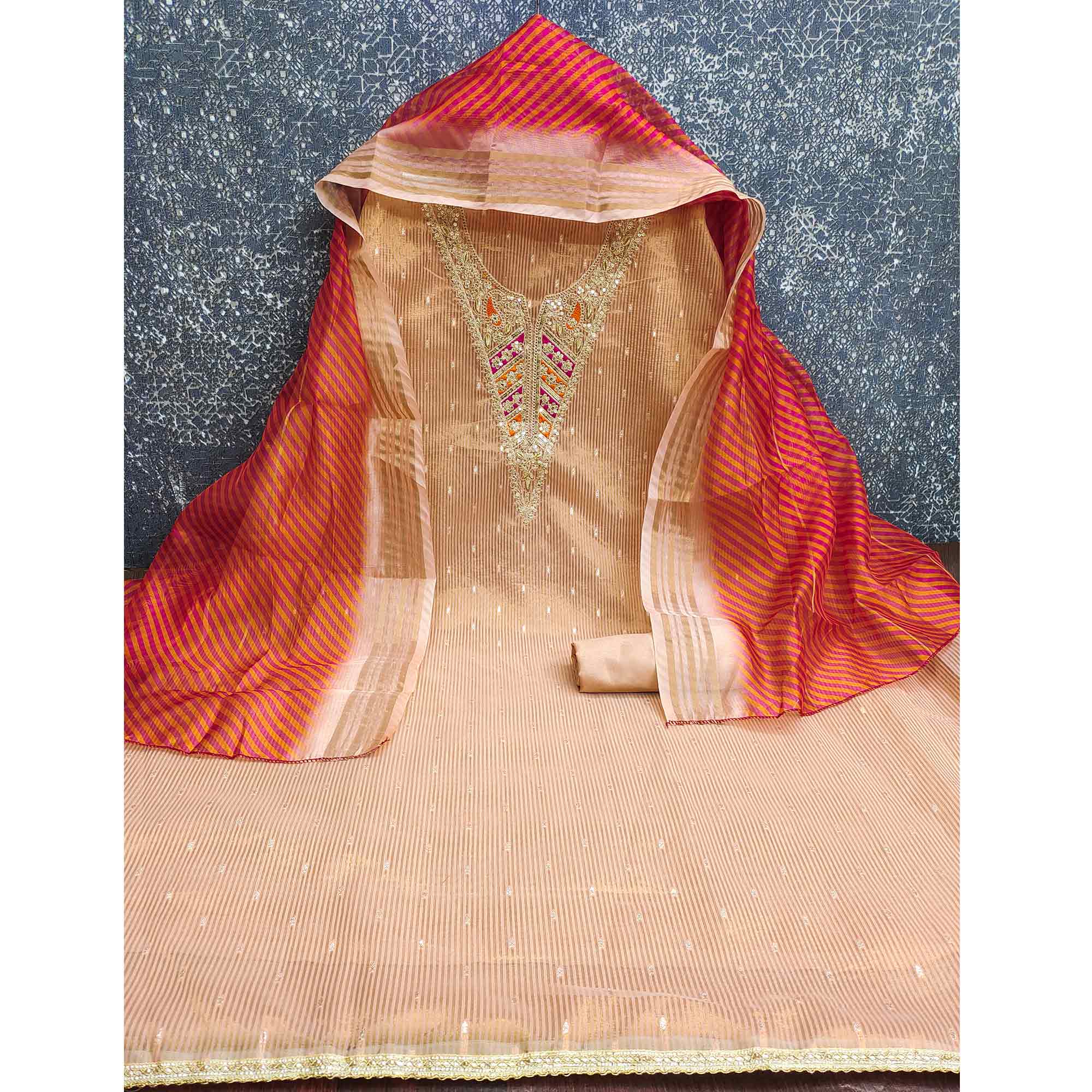 Premium Peach Shimmer Dress Material With Detailed Butti Weaving & Cording Embroidery - Image 4