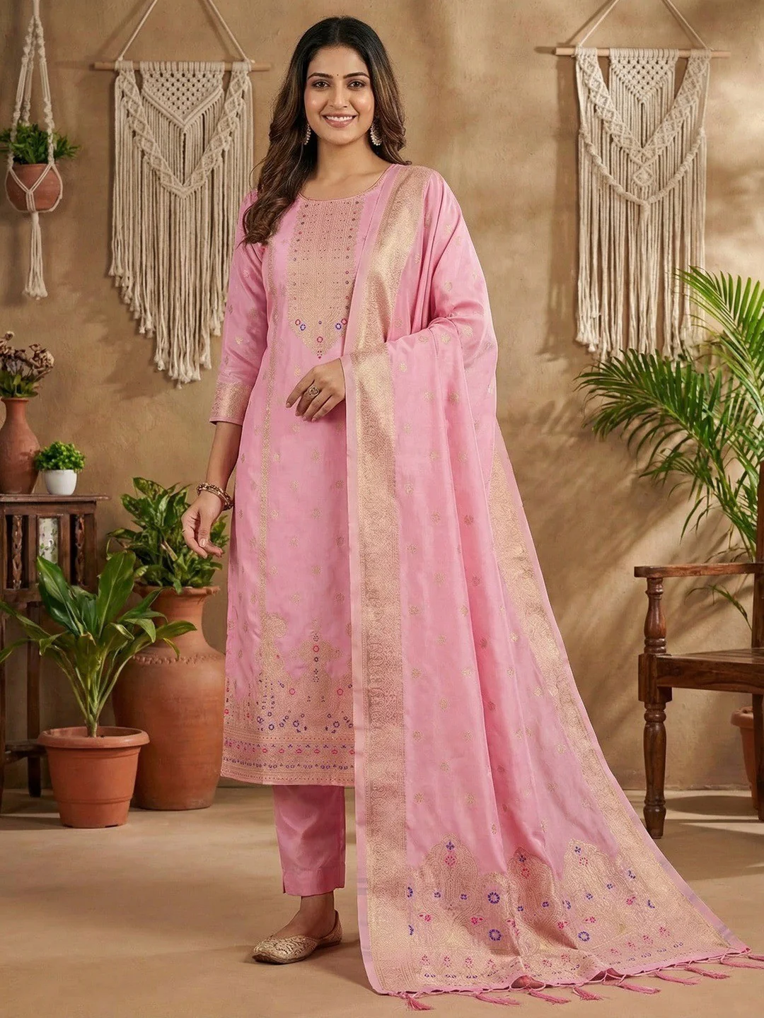 Premium Pink Banarasi Silk Dress Material With Opulent Floral & Paisley Motif Zari Weaving