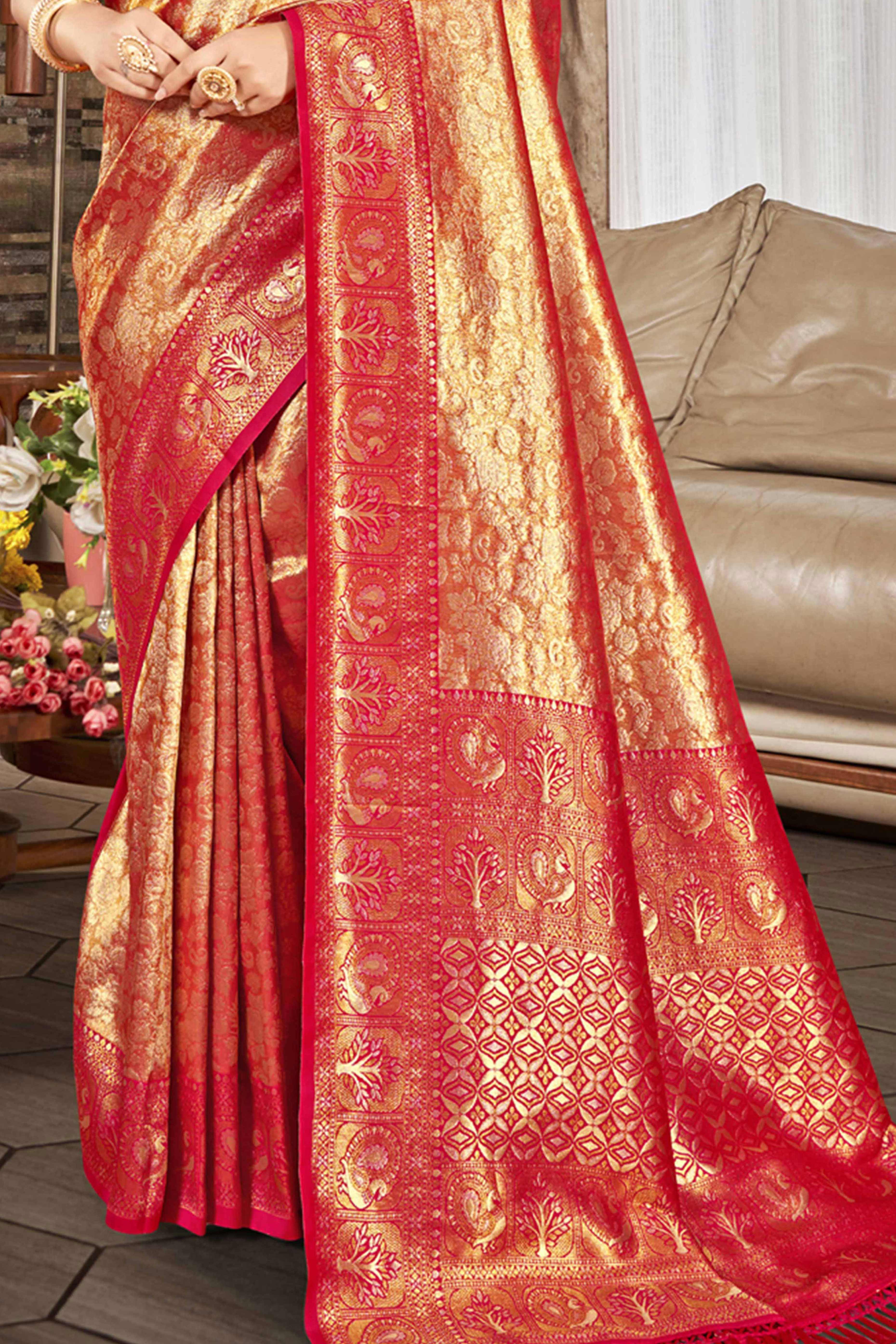 Premium Pink Floral and Peacock Motif Woven Kanjivaram Silk Saree With Tassel Pallu - Image 4
