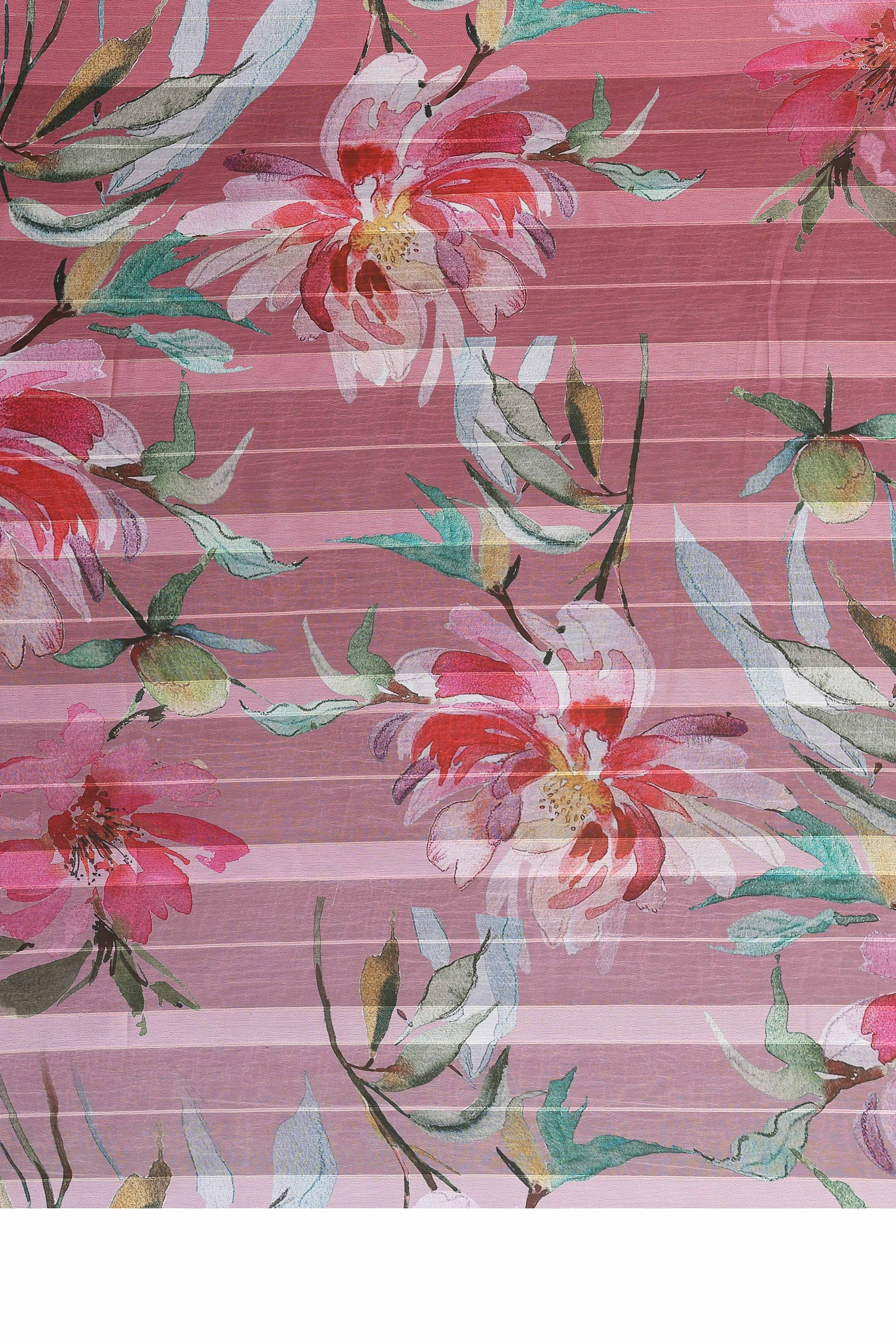 Premium Pink Floral Digital Printed Georgette Saree Featuring Delicate Zari & Bright Striped - Image 7