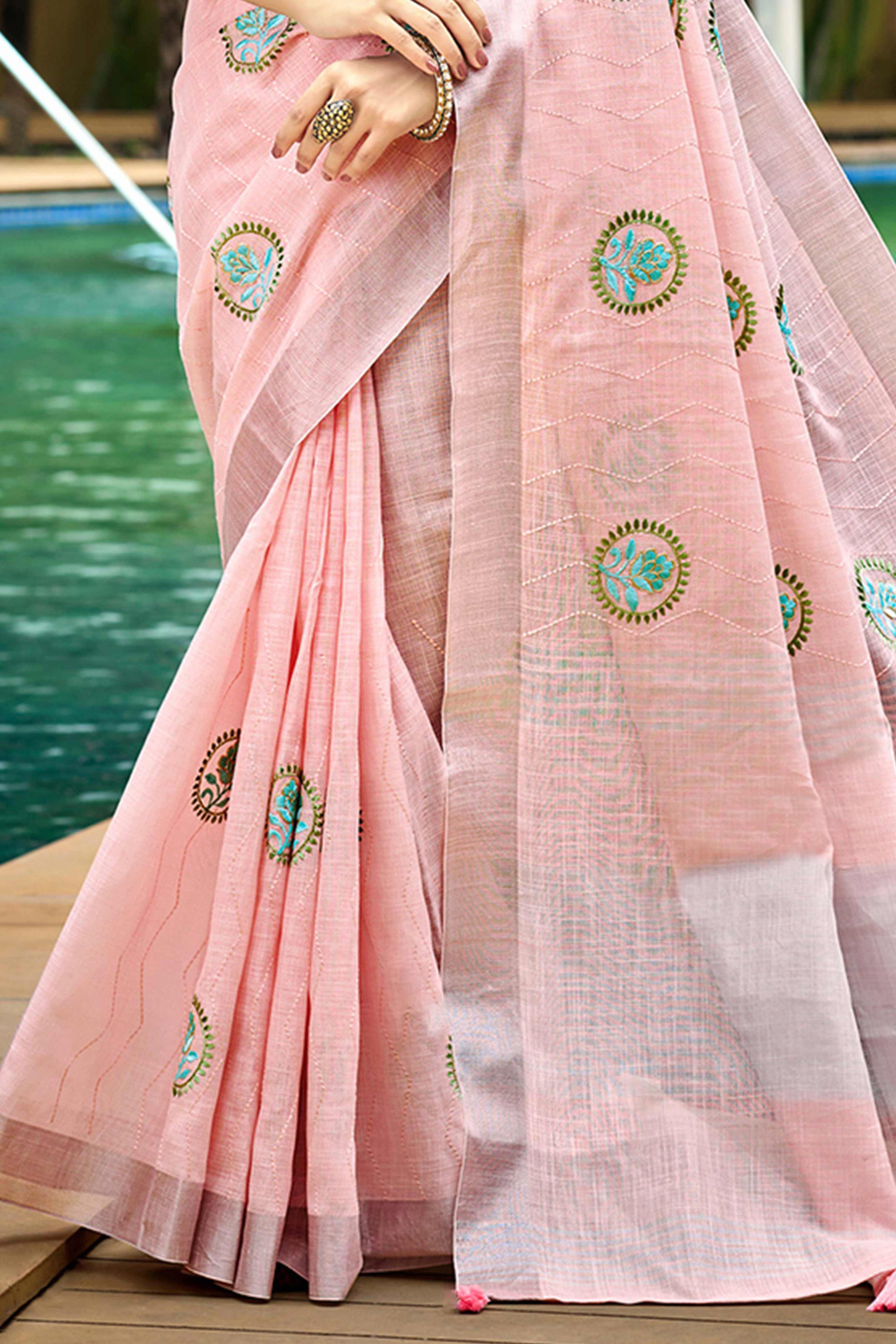 Premium Pink Floral Embroidered Linen Saree With Striped Pattern Tassel Pallu - Image 5