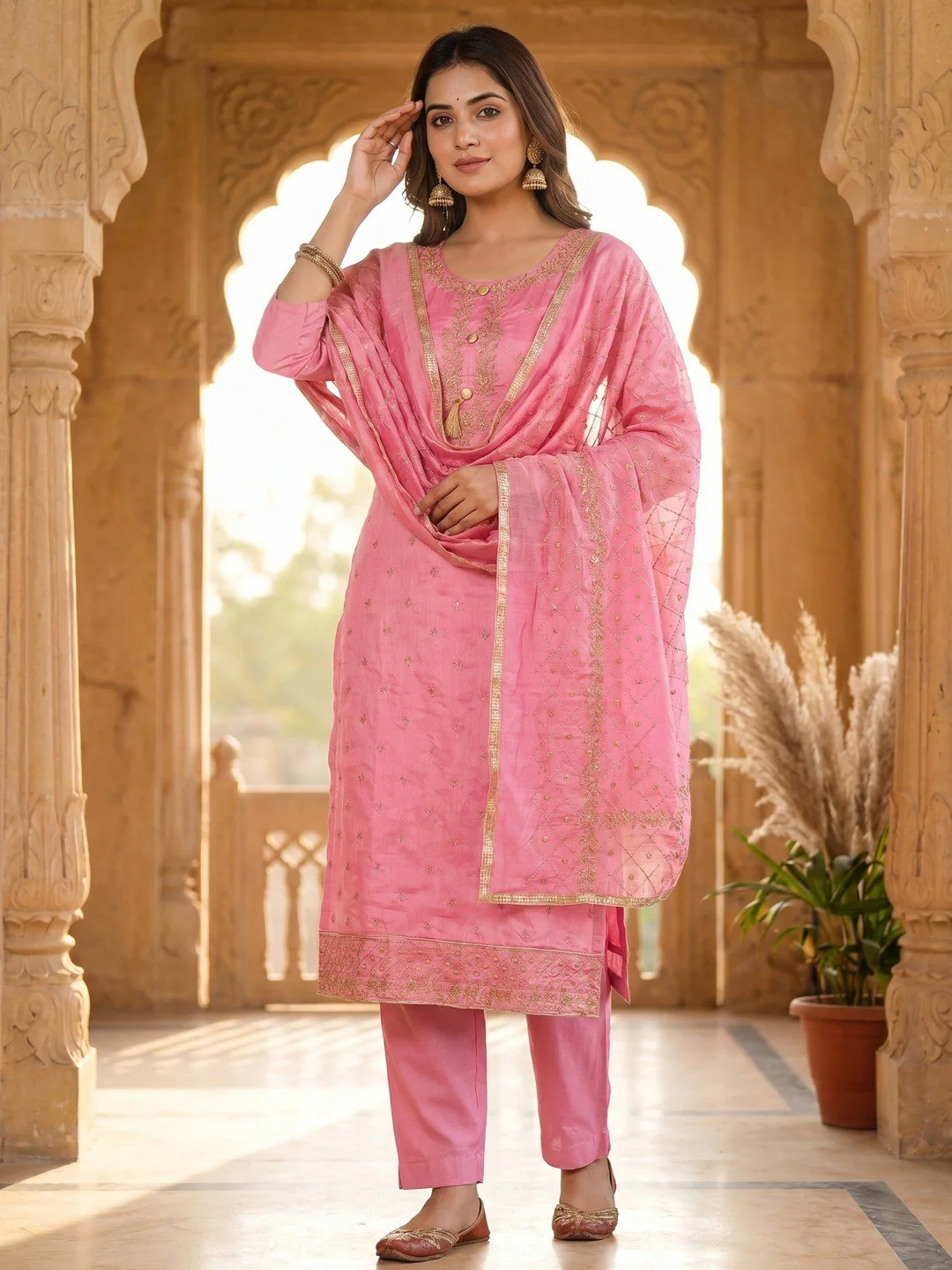 Premium Pink Floral Embroidery With Zari Work Chanderi Silk Dress Material