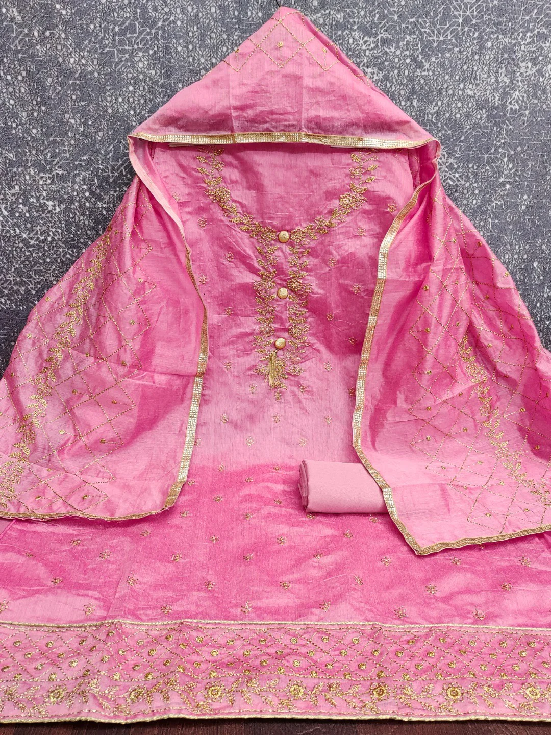 Premium Pink Floral Embroidery With Zari Work Chanderi Silk Dress Material - Image 3