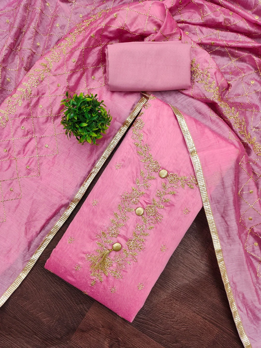 Premium Pink Floral Embroidery With Zari Work Chanderi Silk Dress Material - Image 4