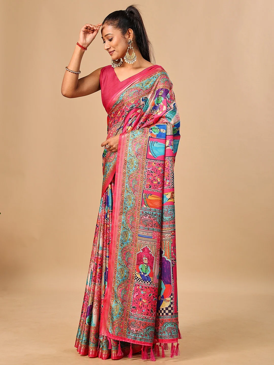 Premium Pink Floral & Paisley Digital Printed Tussar Silk Saree With Zari Weaving Border - Image 5