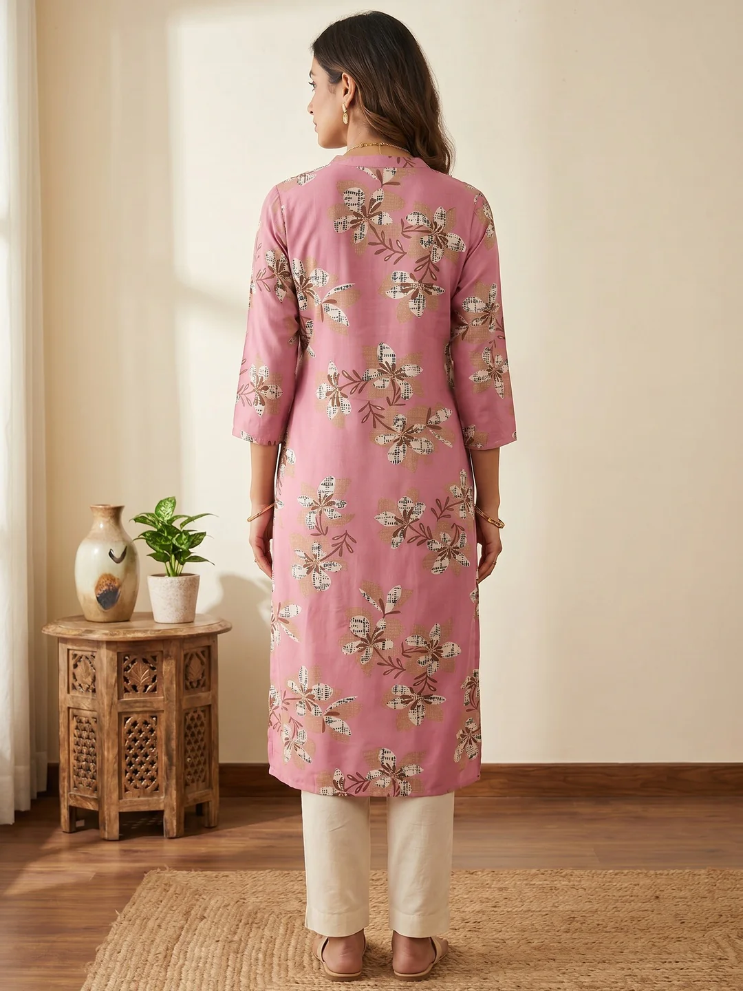 Premium Pink Floral Printed Viscose Kurti Lightweight Ethnic Wear - Image 3