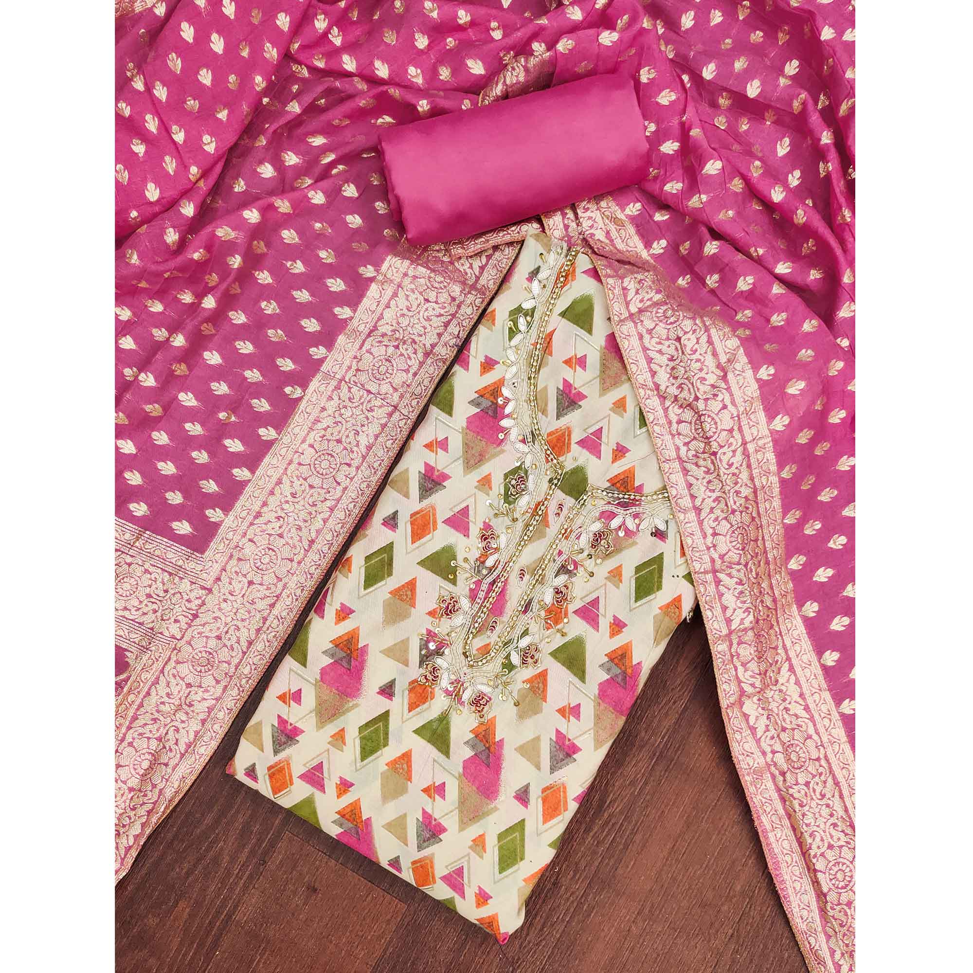 Premium Pink Geometric Print Cotton Silk Dress Material Featuring Moti & Sequins Handwork - Image 3