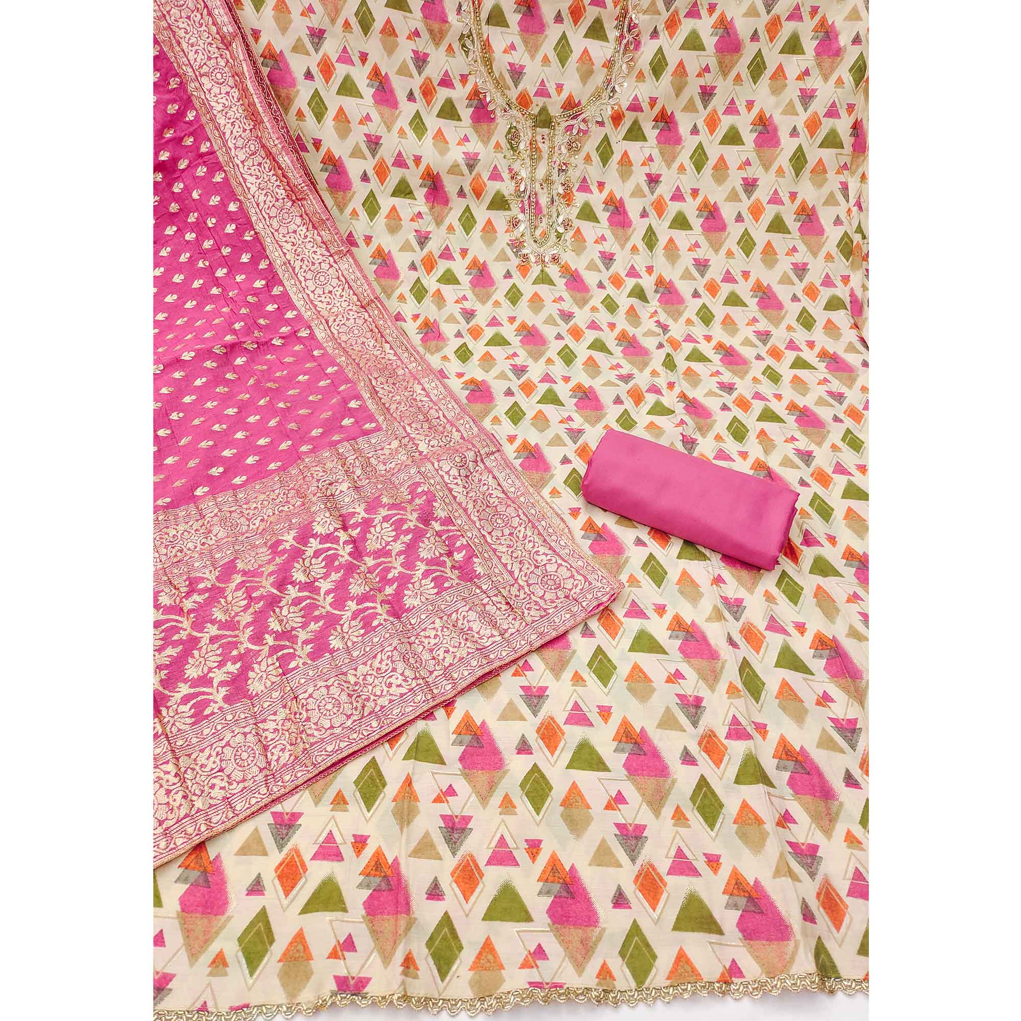 Premium Pink Geometric Print Cotton Silk Dress Material Featuring Moti & Sequins Handwork - Image 4